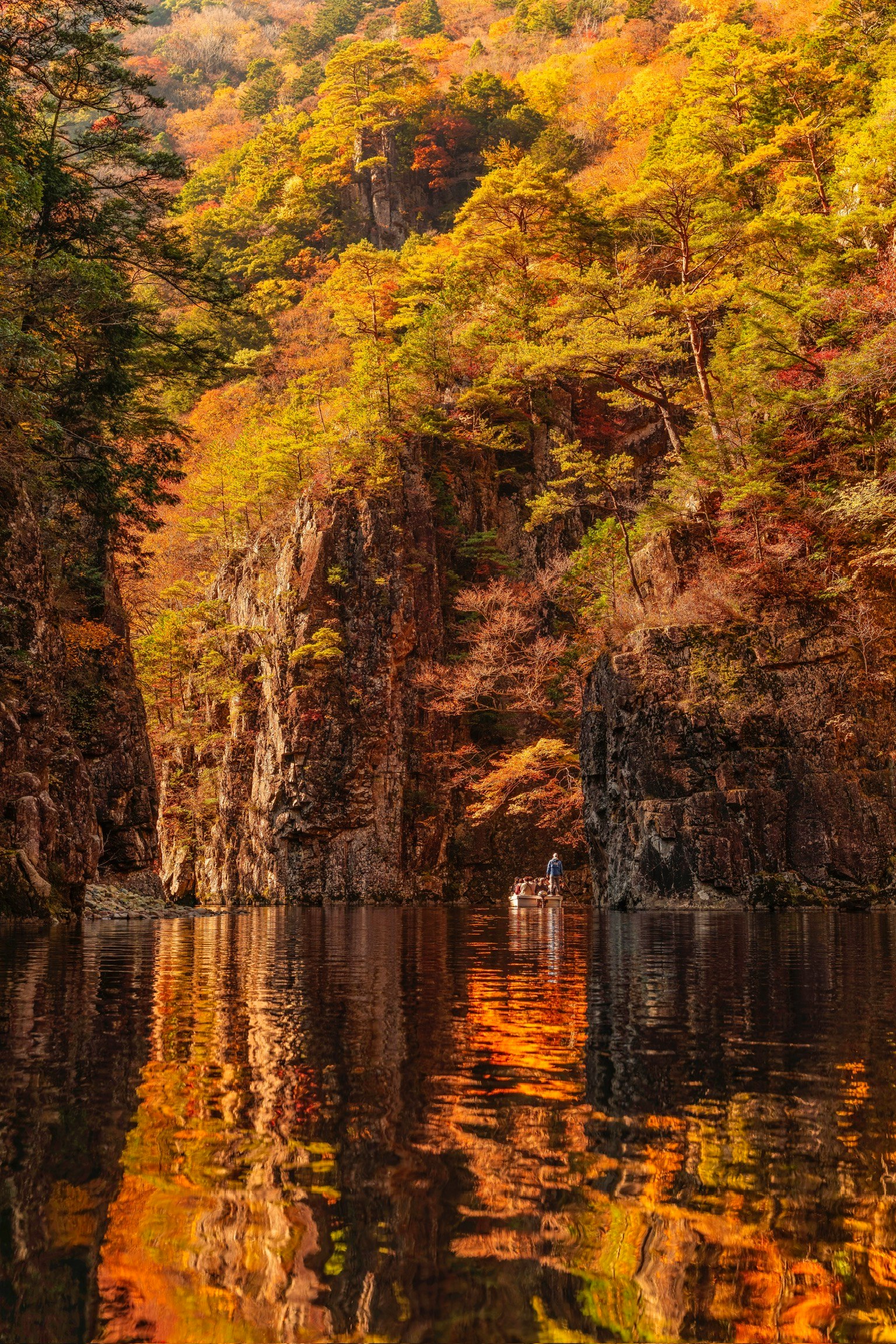 秋の色に染まった山々と静かな湖の風景