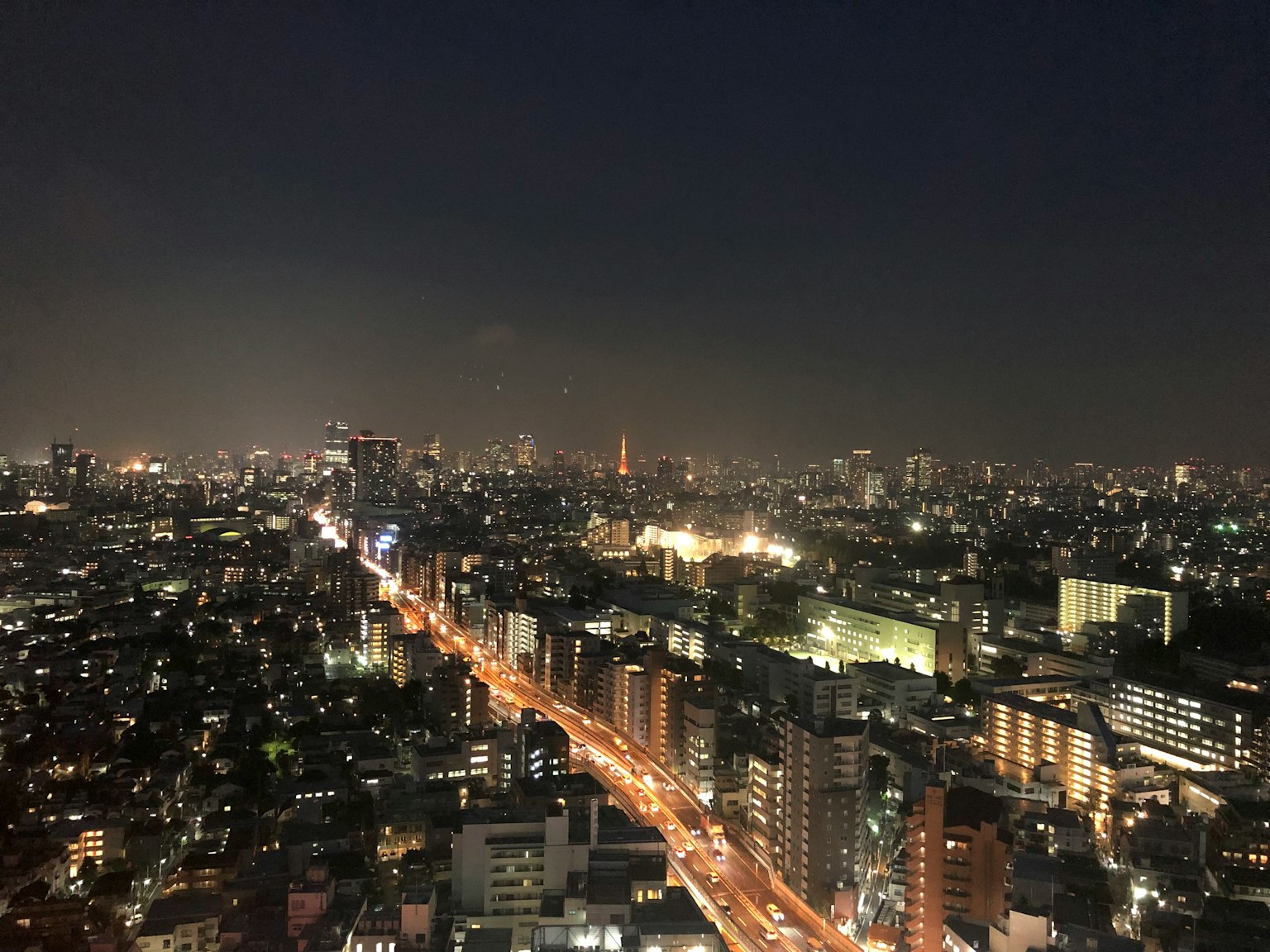 Night view of Tokyo skyline with illuminated streets