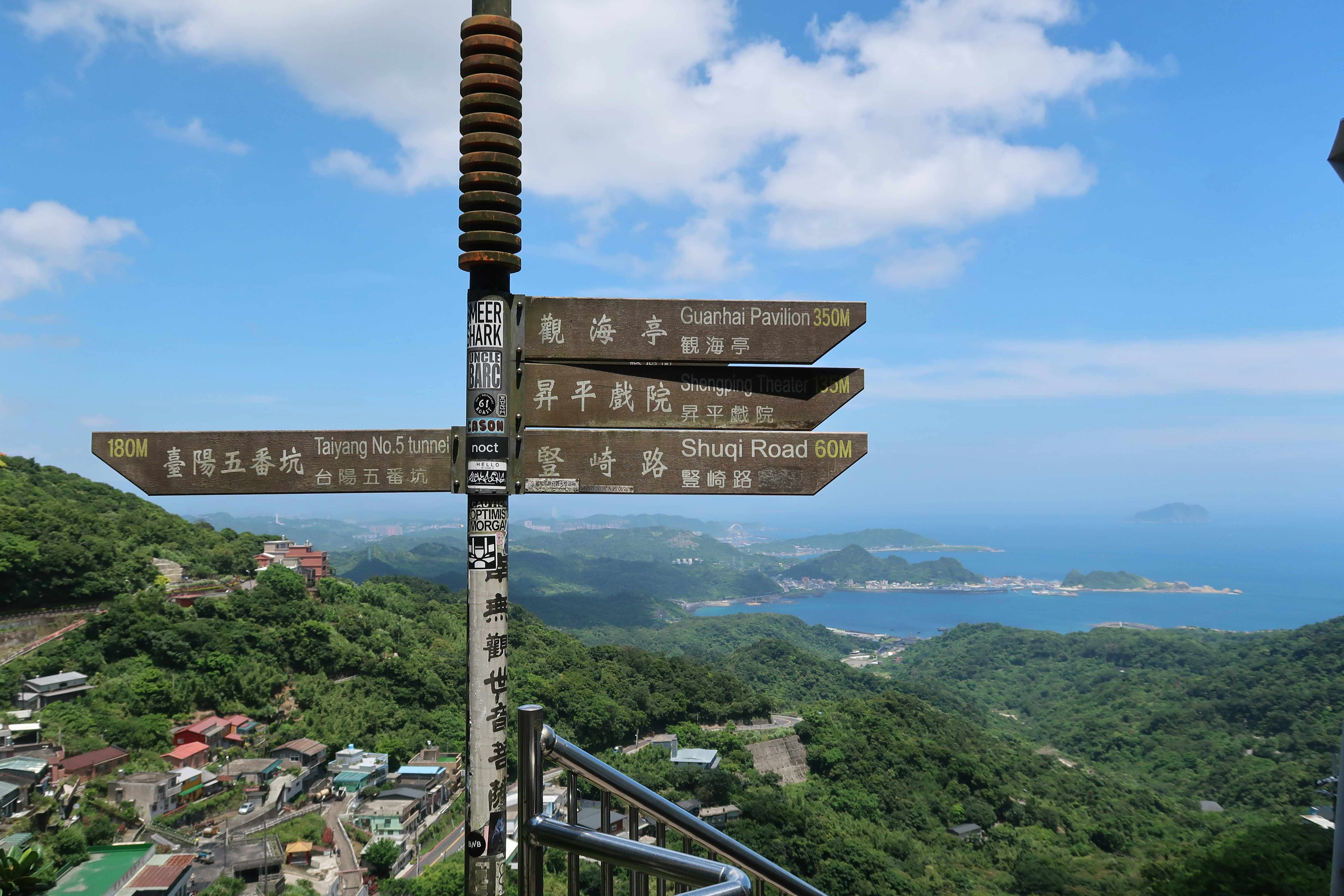 Jiufen viewpoint signpost overlooking the sea
