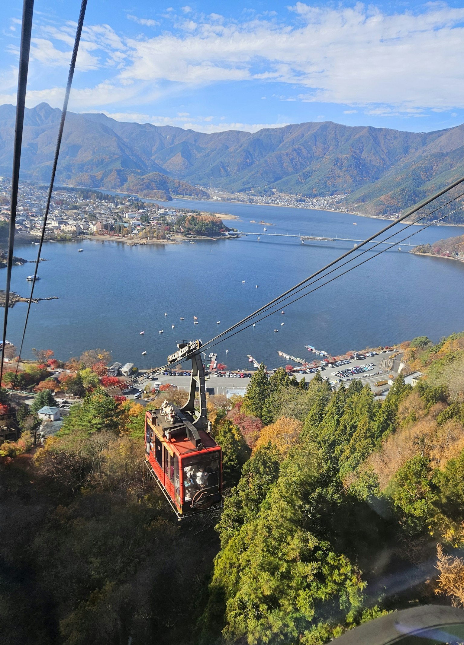 Scenic view of a cable car with a lake and mountains in the background