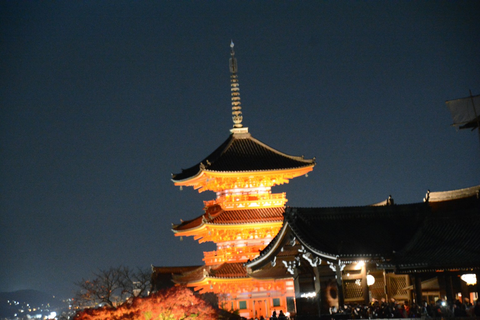 夜間照亮的清水寺塔與周圍景觀