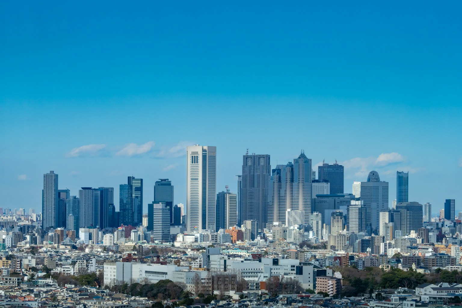 Tokyo skyline featuring skyscrapers and a clear blue sky