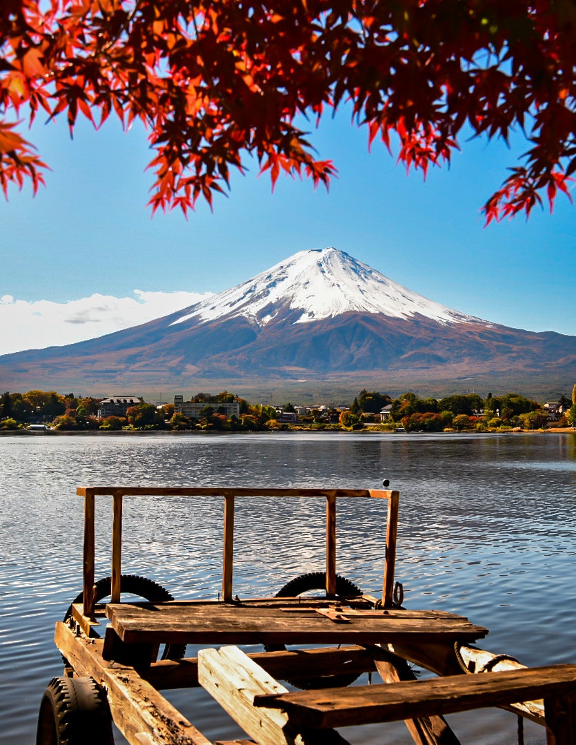 河口湖の紅葉と冠雪の富士山を湖畔から望む景色