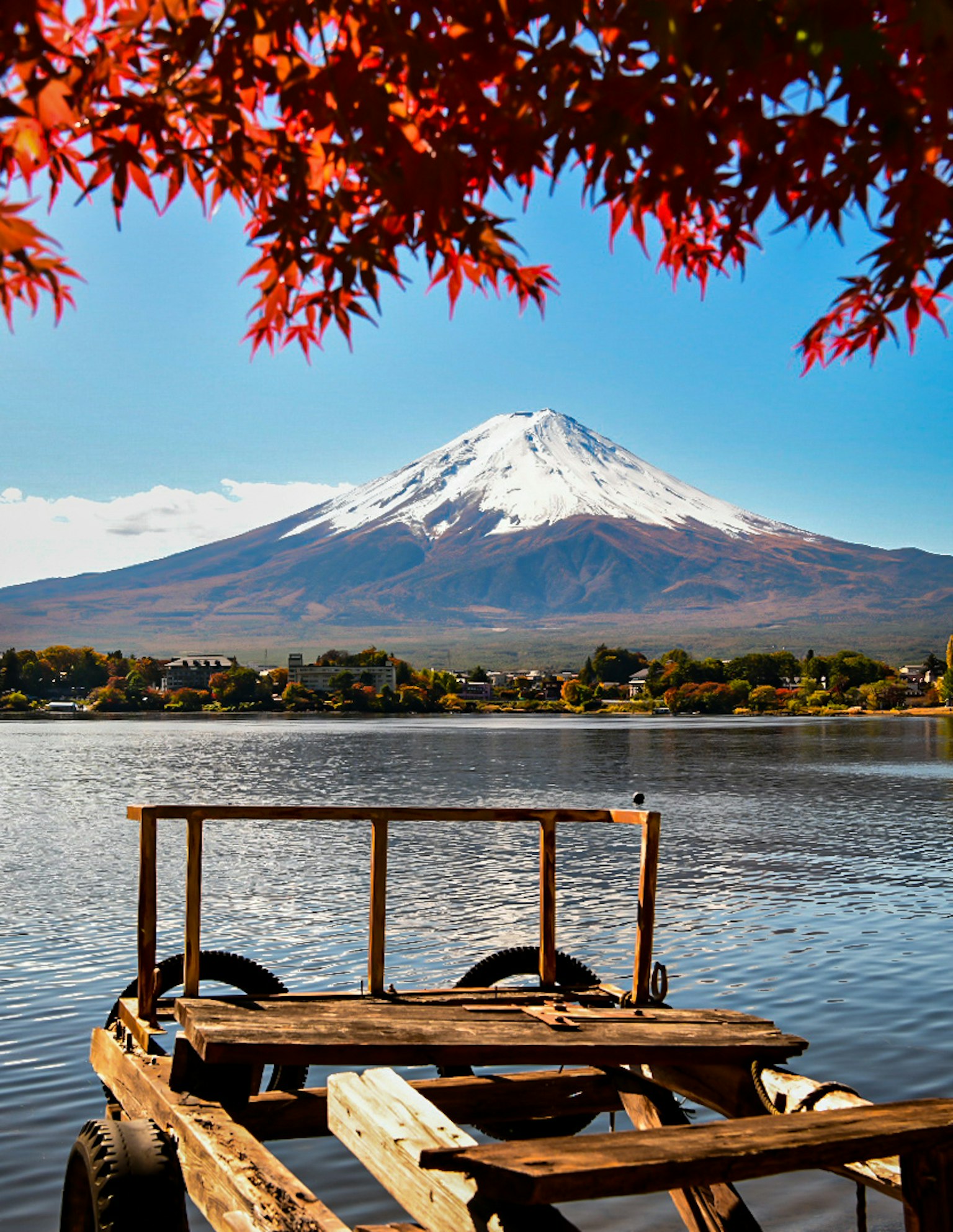 Vista panoramica del monte Fuji con foglie autunnali vicino al lago