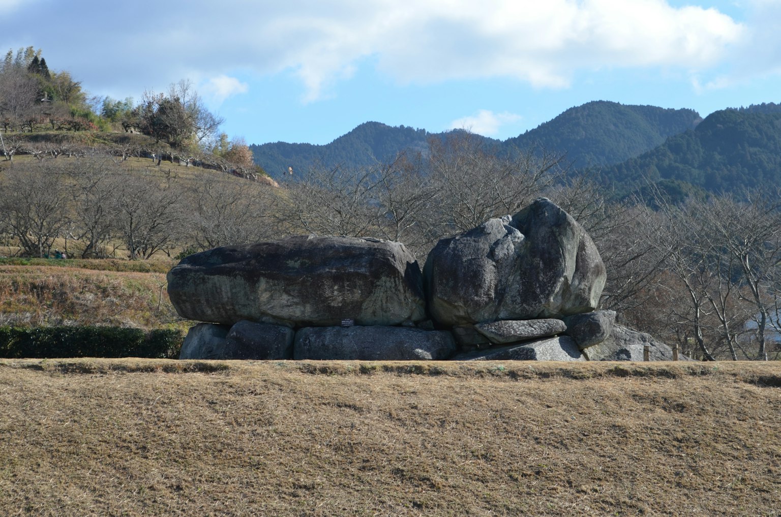 Große Felsen auf einem offenen Feld mit Bergen im Hintergrund