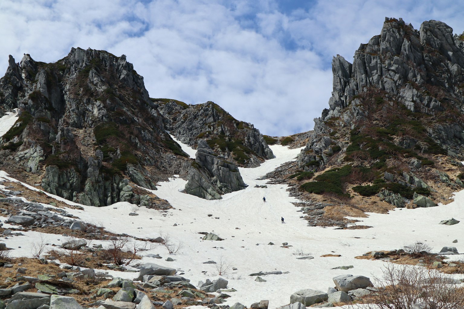 Montañas rocosas con un valle cubierto de nieve bajo un cielo nublado