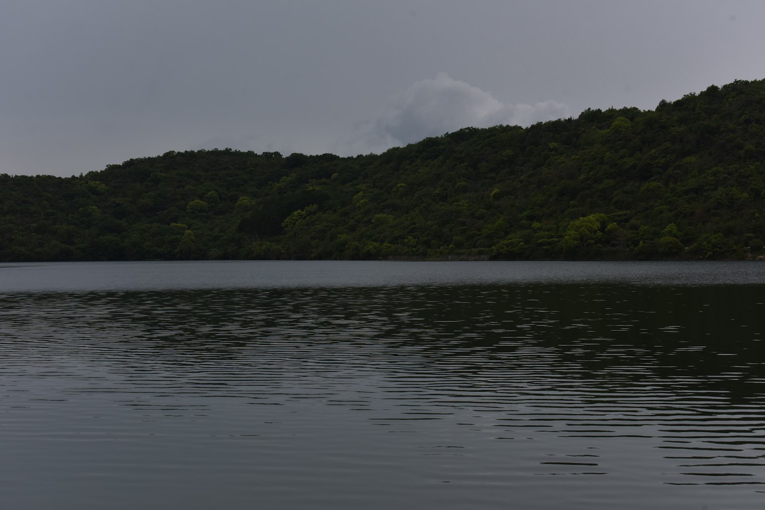 Superficie di lago calma con colline verdeggianti