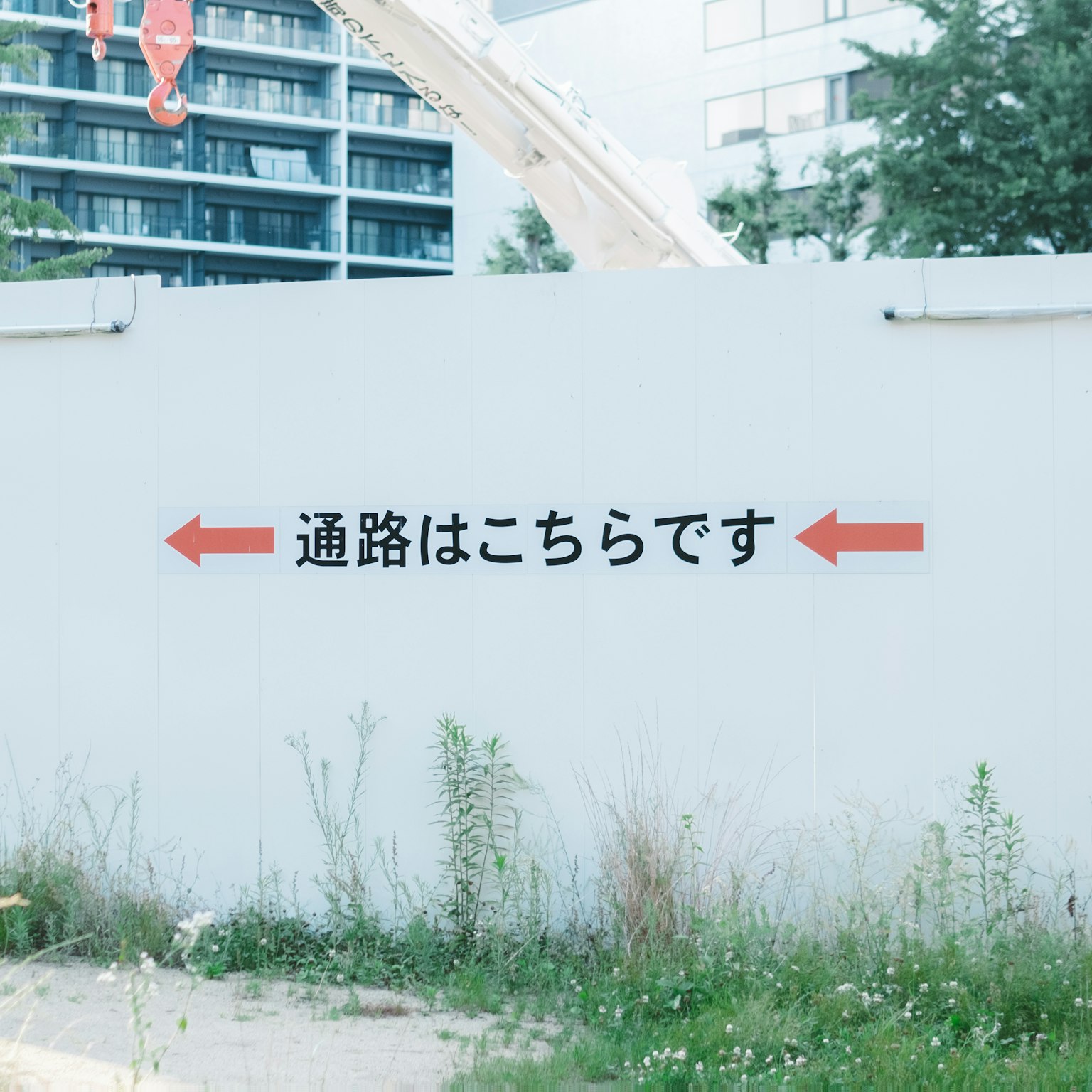White wall with arrows indicating a pathway in Japanese