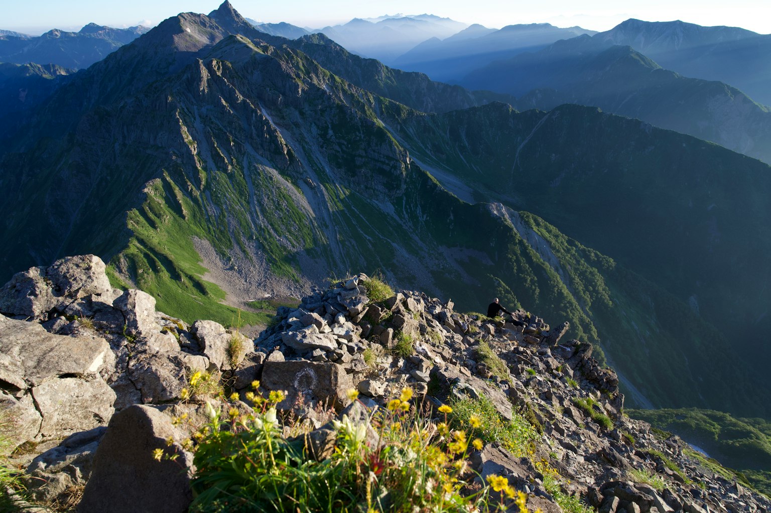 Vista escénica de montañas verdes con flores amarillas en un terreno rocoso
