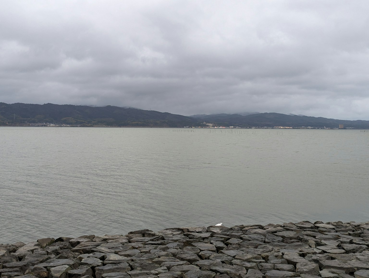 阴云密布下宁静的海岸风景与岩石海岸