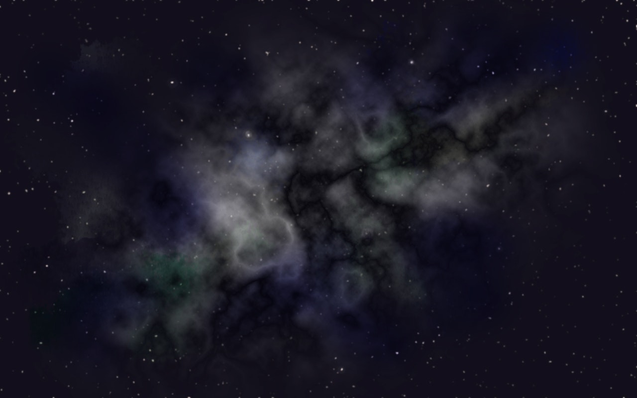 어두운 우주 배경에 흩어져 있는 별들과 안개 같은 구름