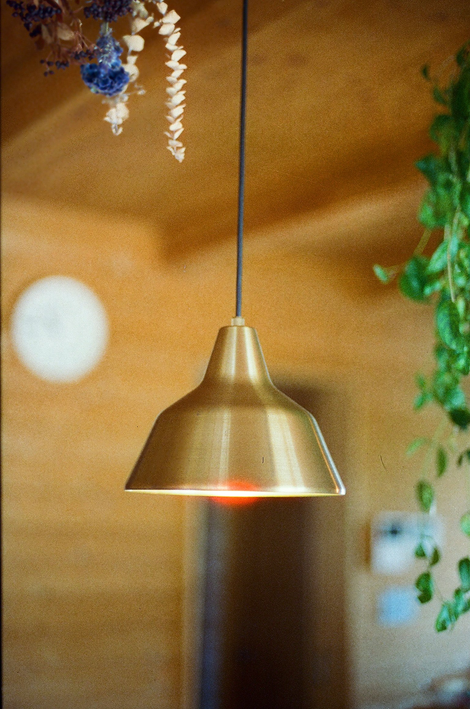Eine goldene Pendelleuchte in einem gemütlichen Innenraum
