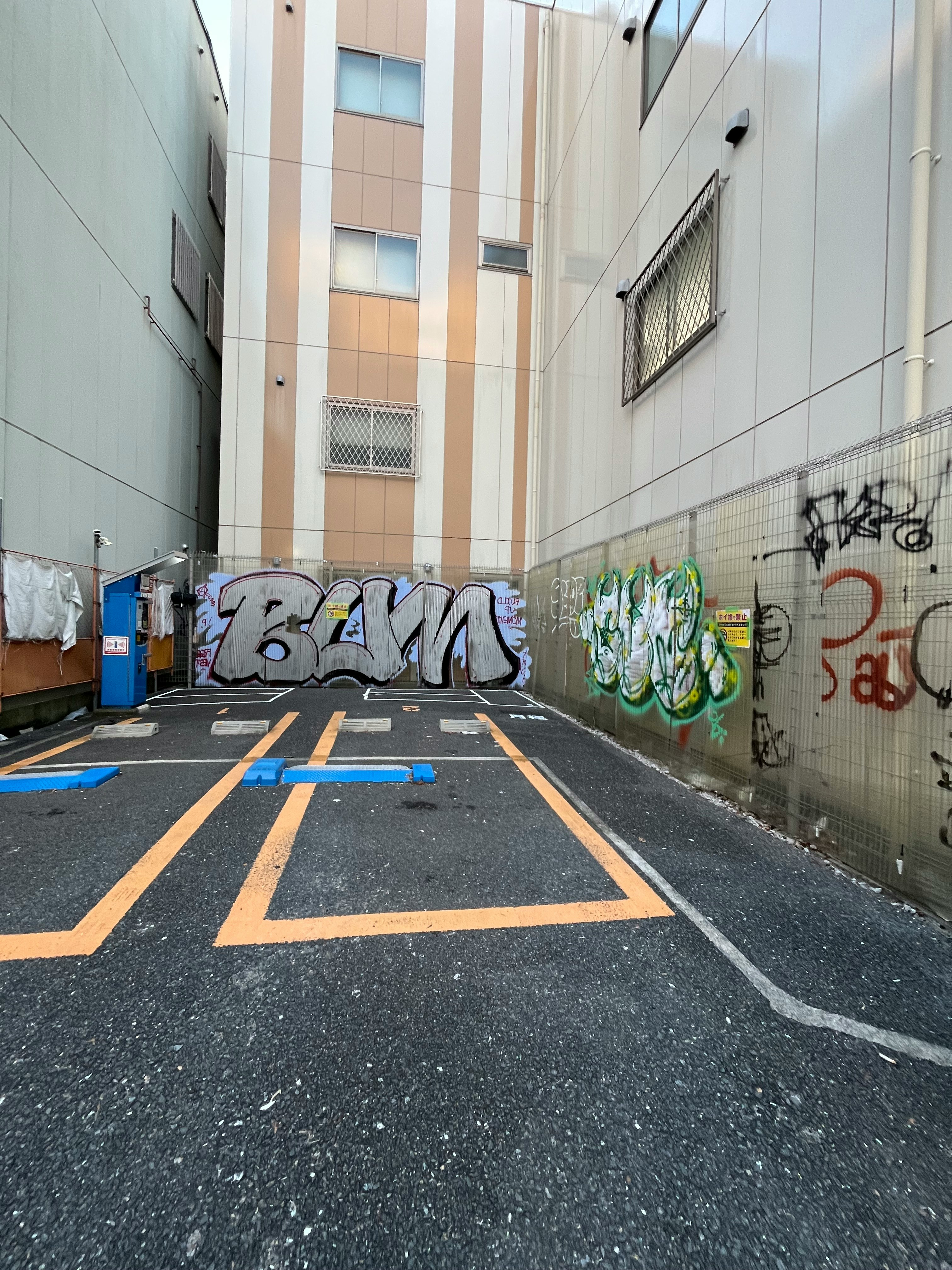 passaggio in vicolo con graffiti sui muri e segnaletica di pista ciclabile
