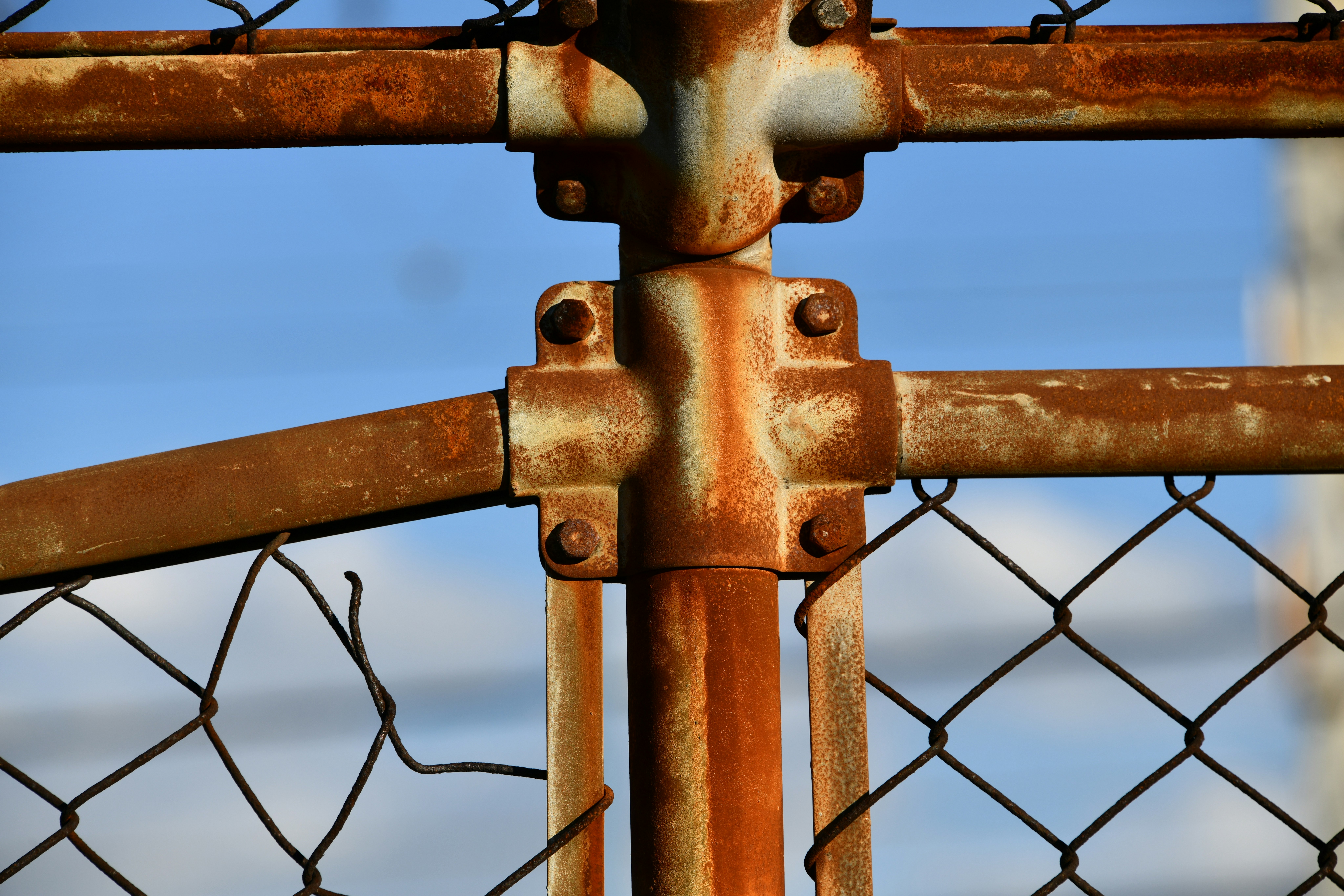 Close-up of a rusted metal fence post and wire mesh