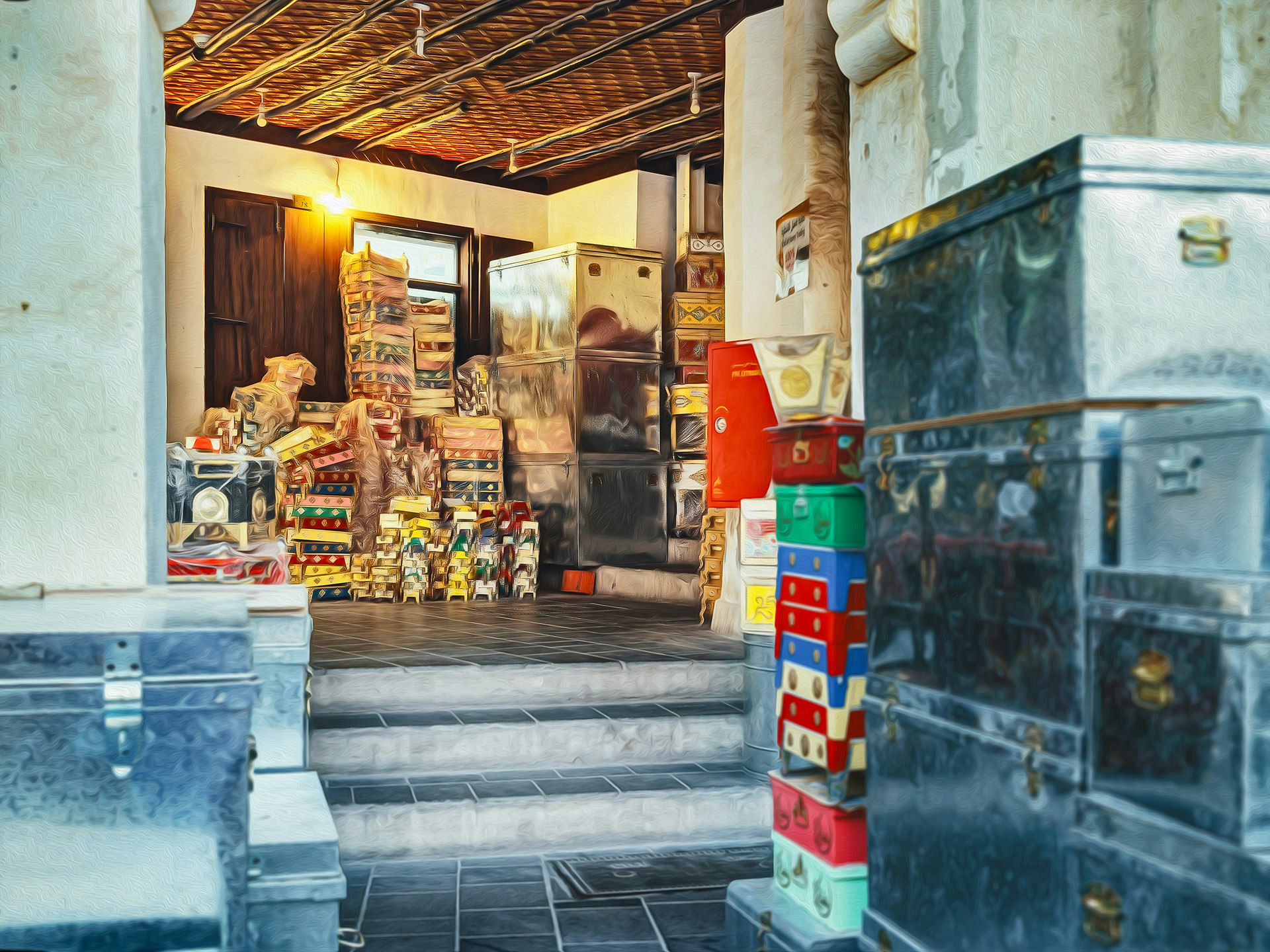 storefront steps with shelves of packaged snacks and groceries