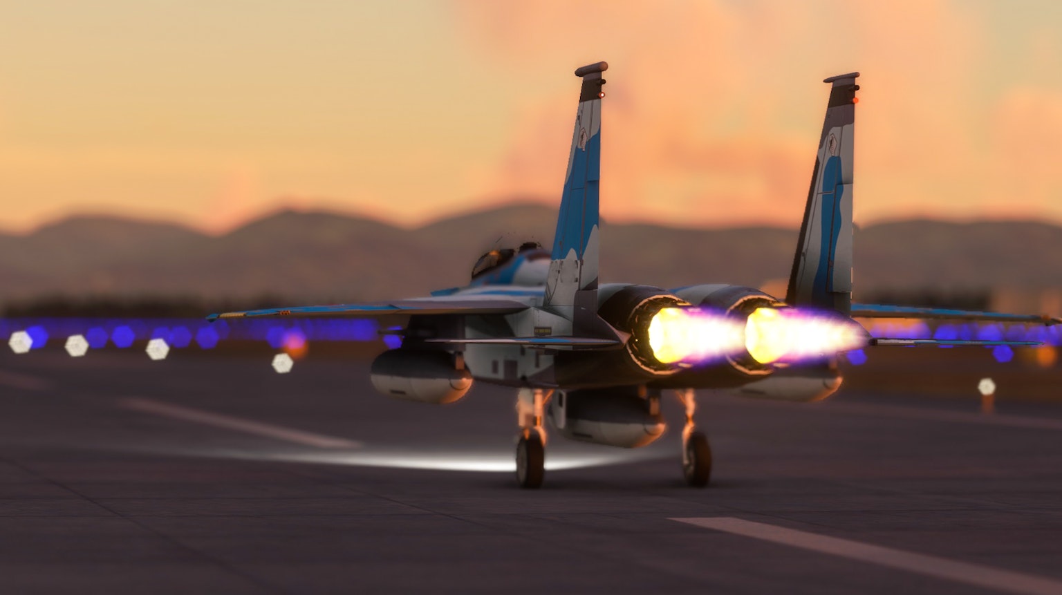 Sebuah jet tempur lepas landas dengan afterburner menyala di landasan