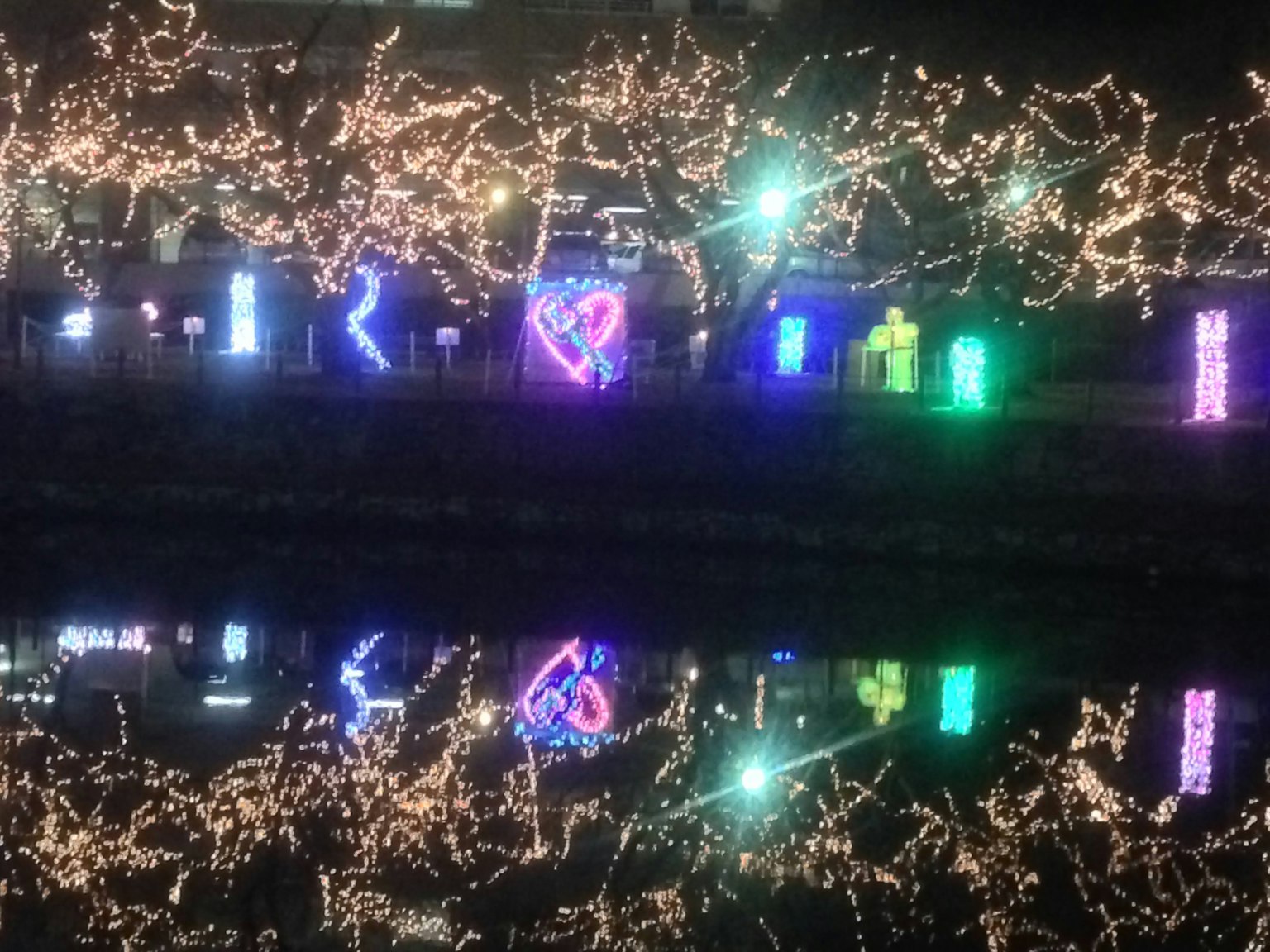 Bunte LED-Lichter am Flussufer in der Nacht mit Reflexionen