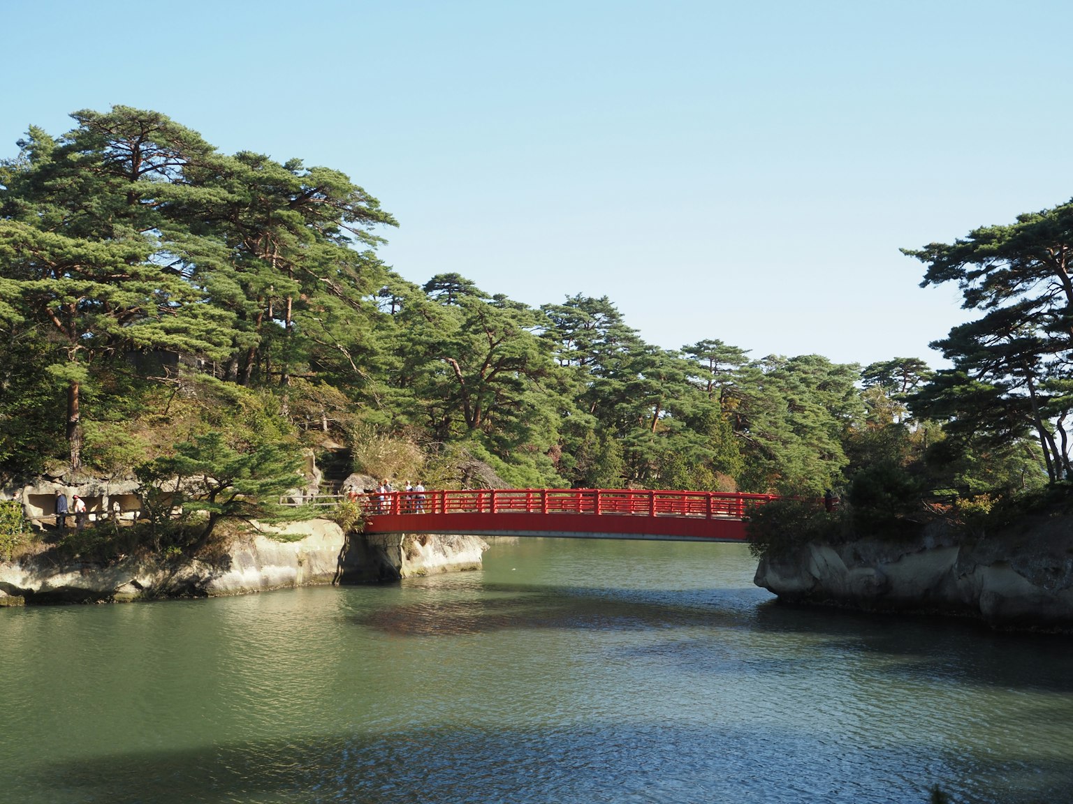 宁静水域旁的红桥和绿色松树的风景