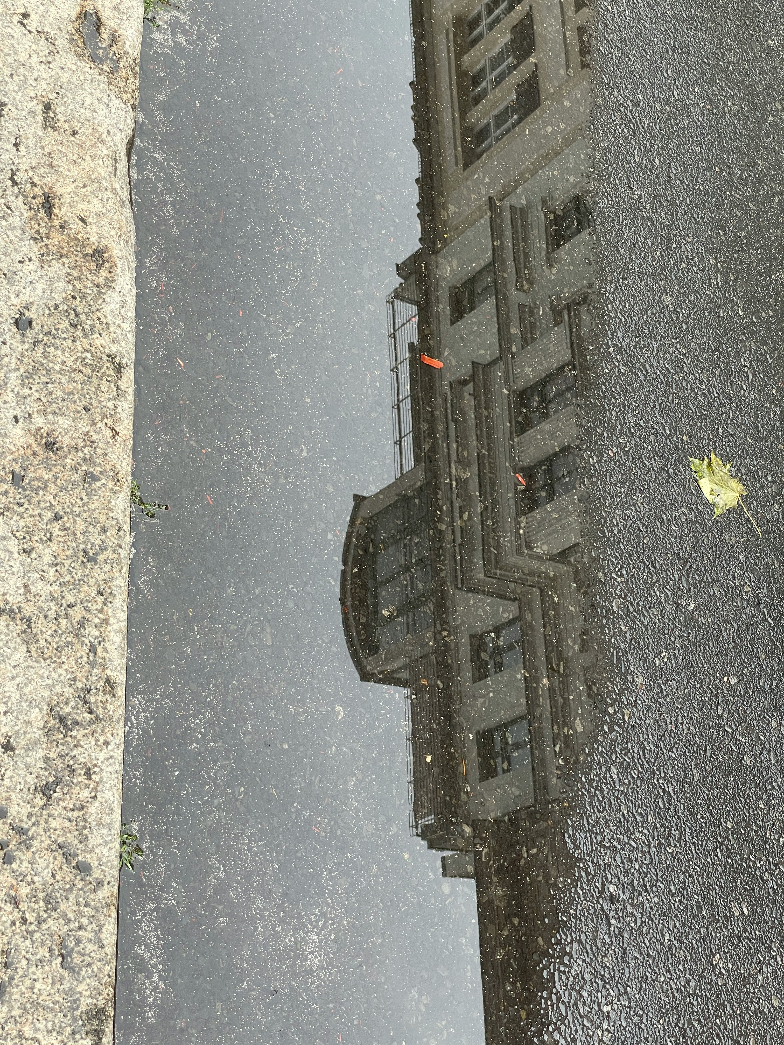 雨の路地で濡れた石畳と壁沿いの金属柵