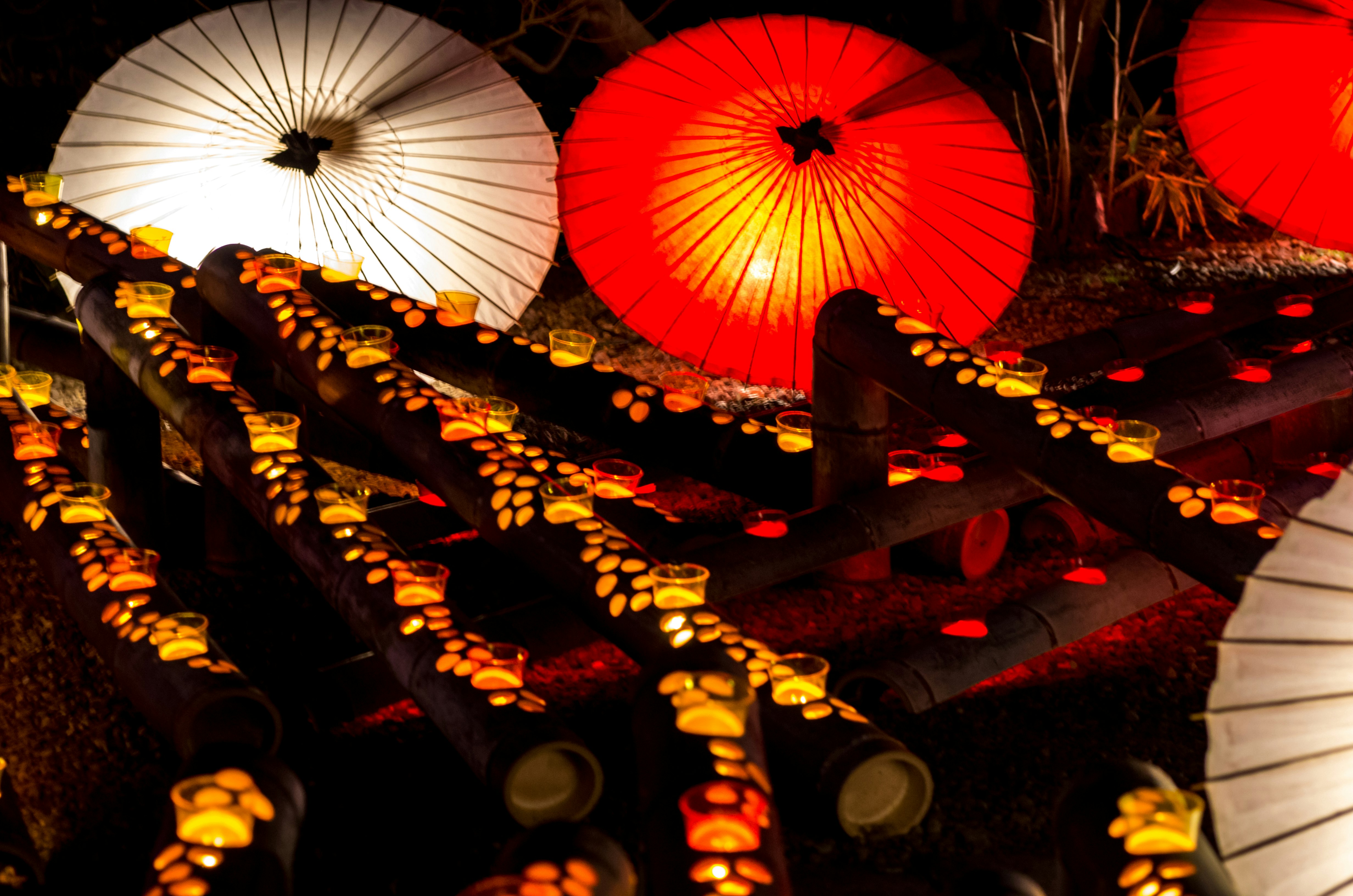 Night alley with red and white paper lanterns
