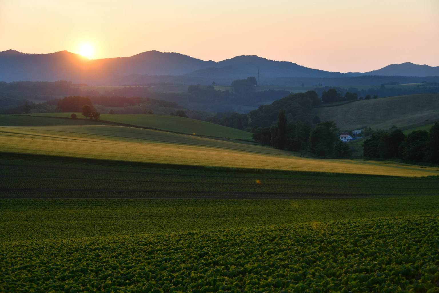 Beautiful rural landscape at sunset with green fields and mountain silhouettes