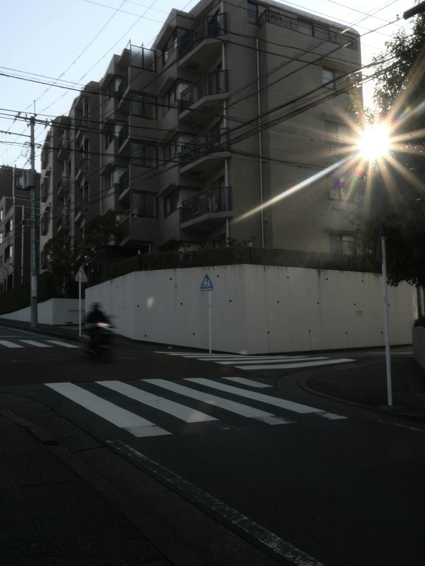 住宅街の交差点にある建物と横断歩道の風景 太陽の光が建物の隙間から差し込んでいる