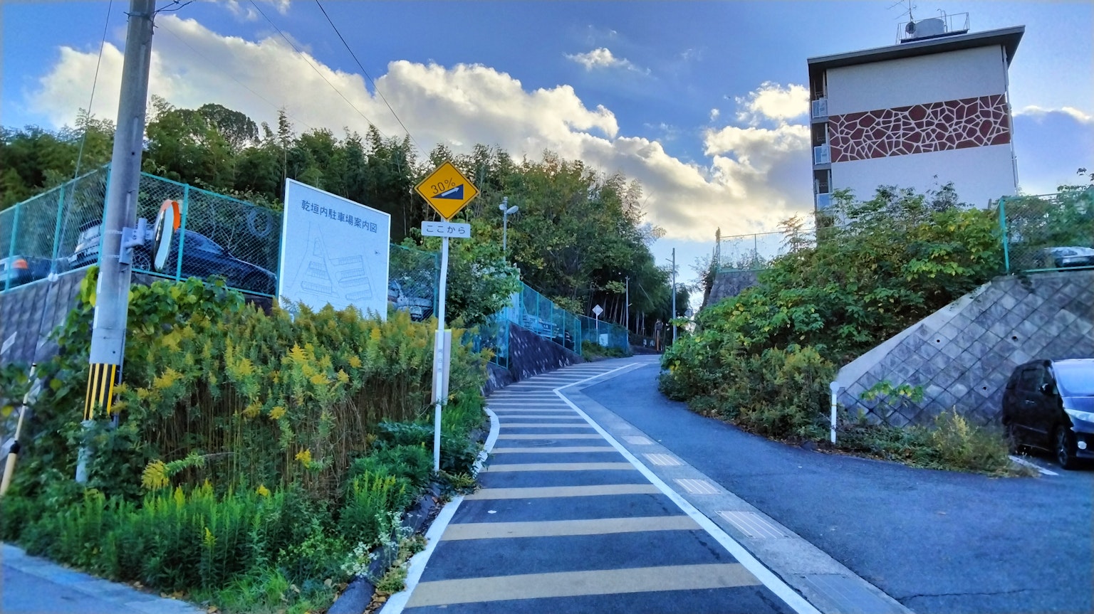 藍天下沿著綠色山坡的彎曲道路和一棟房子
