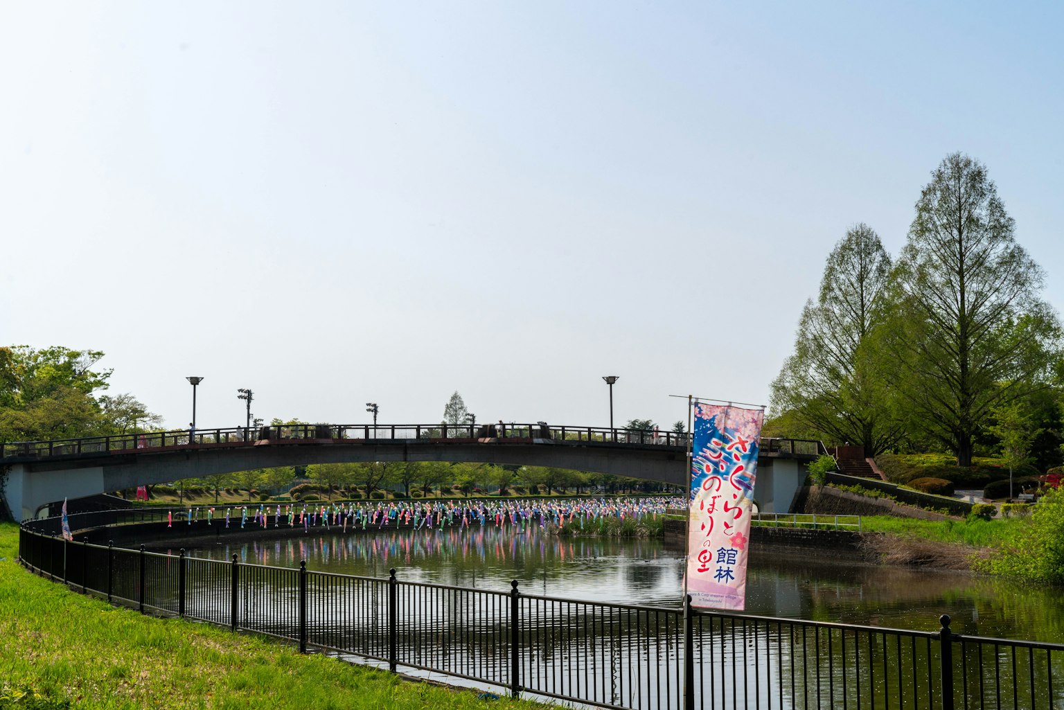 橋上方的河流風景與櫻花橫幅