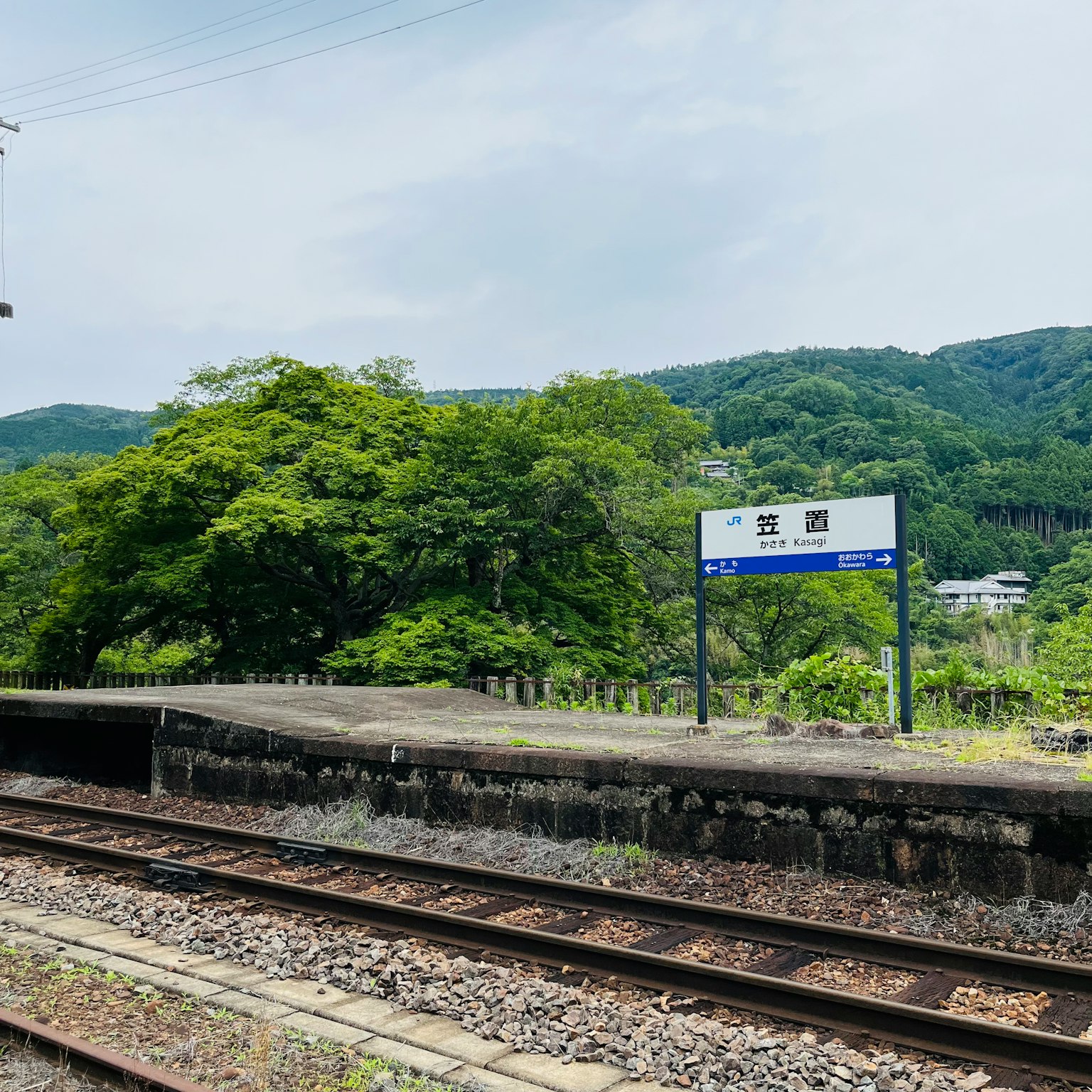 一個被郁郁蔥蔥的綠色和山脈環繞的無人火車站台