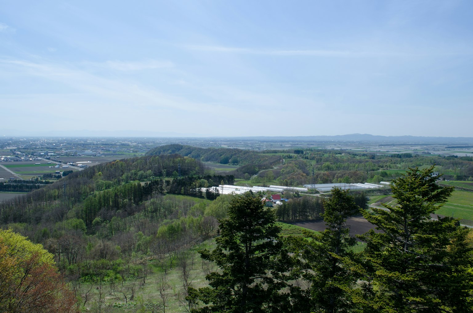 Panoramic view of rolling green hills and farmland