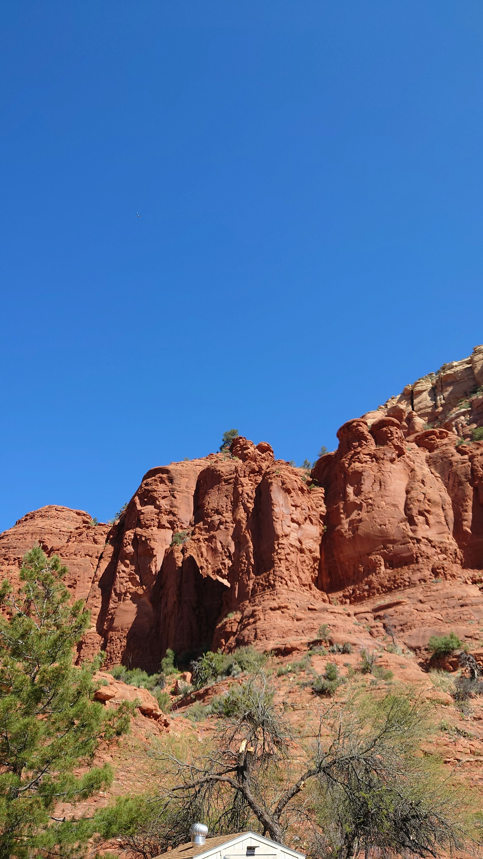 Paesaggio con formazioni rocciose rosse sotto un cielo blu chiaro