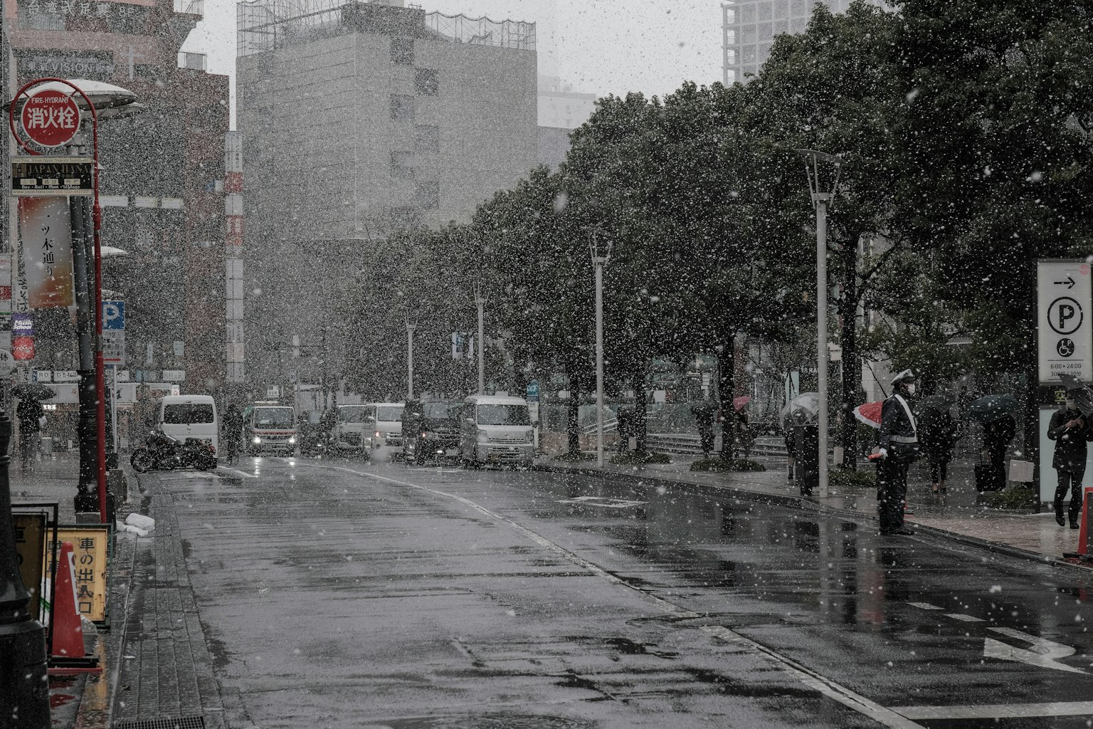 Scena di strada cittadina innevata con persone che tengono ombrelli strada bagnata e alberi allineati