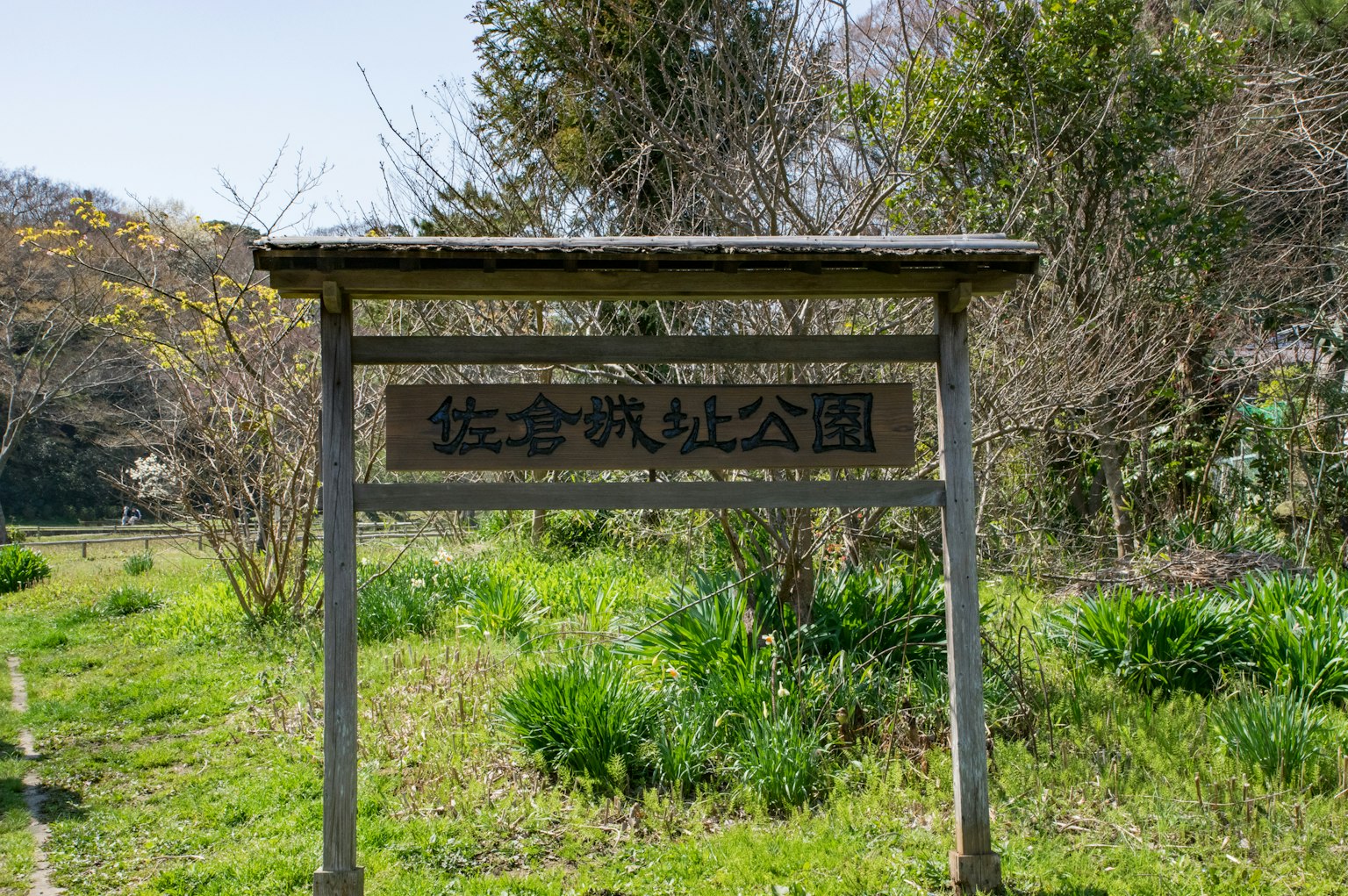 Cartel de parque de pie en un área verde de césped