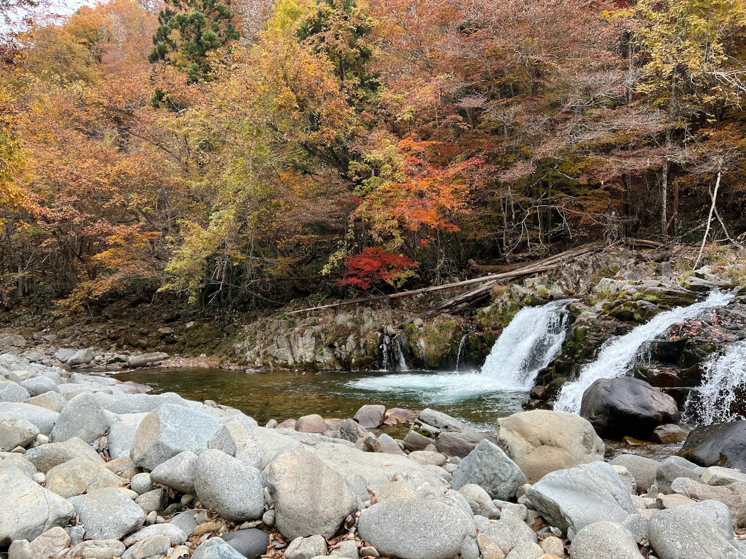 秋季景观包含河流和瀑布周围有大石头和五彩斑斓的树木