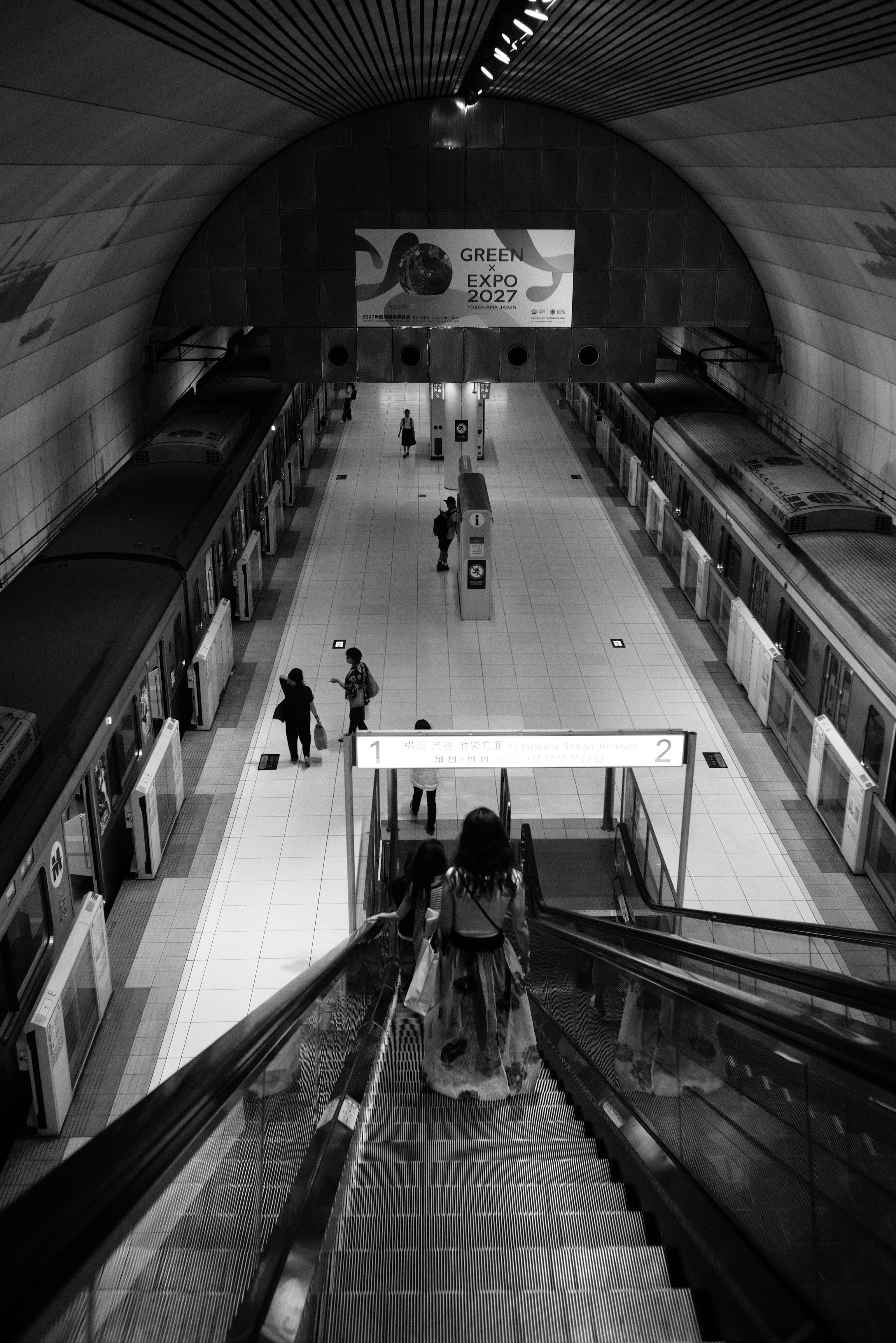 アーチ状の駅構内で人が行き交うホームの眺め