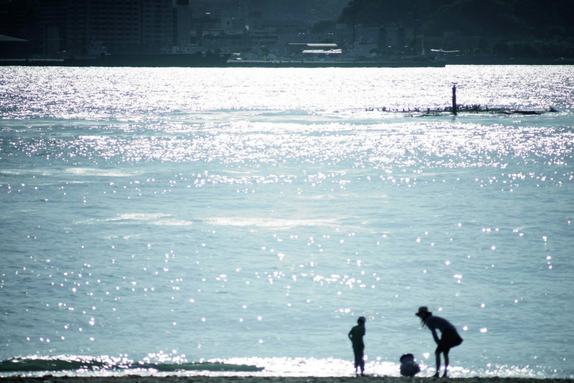 夕暮れの海辺で遊ぶ人影のある海面のきらめき