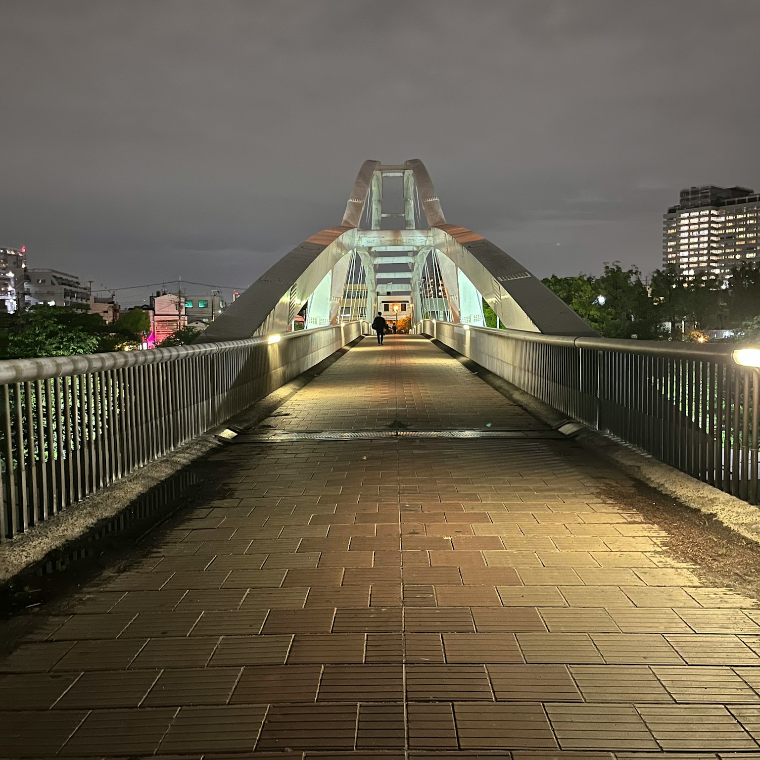 Foto di un moderno ponte pedonale di notte in un contesto urbano