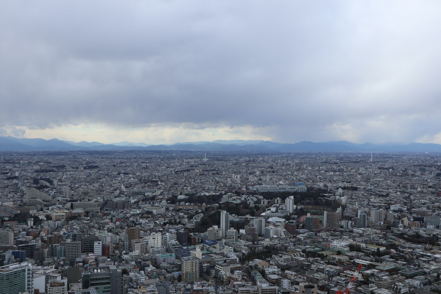 东京城市景观的鸟瞰图，灰色云层覆盖，远处有群山