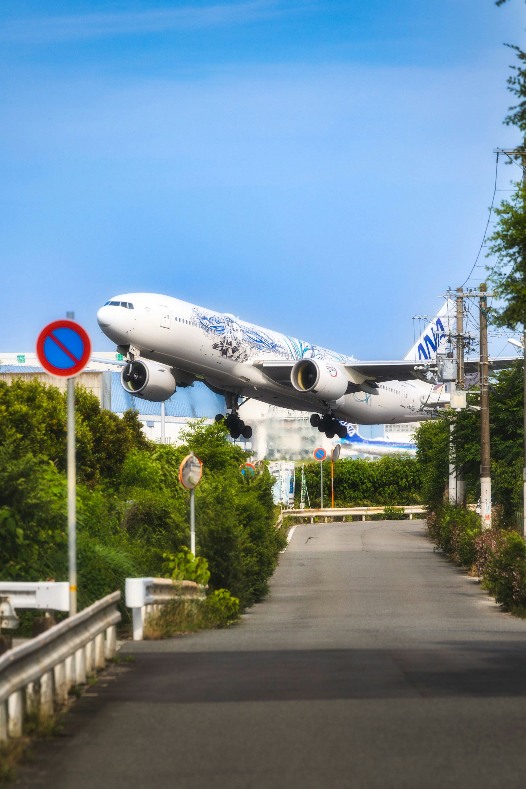 並木のある空港アクセス道路を飛行機が通過する風景