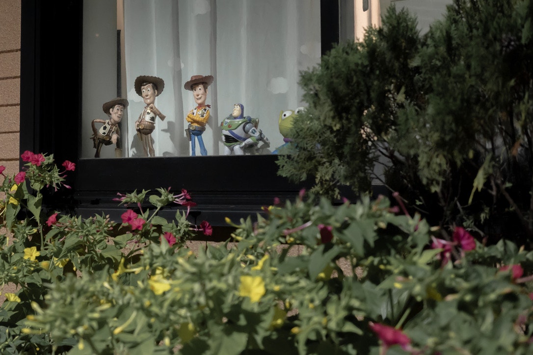 doll display lined up in front of flowers and greenery