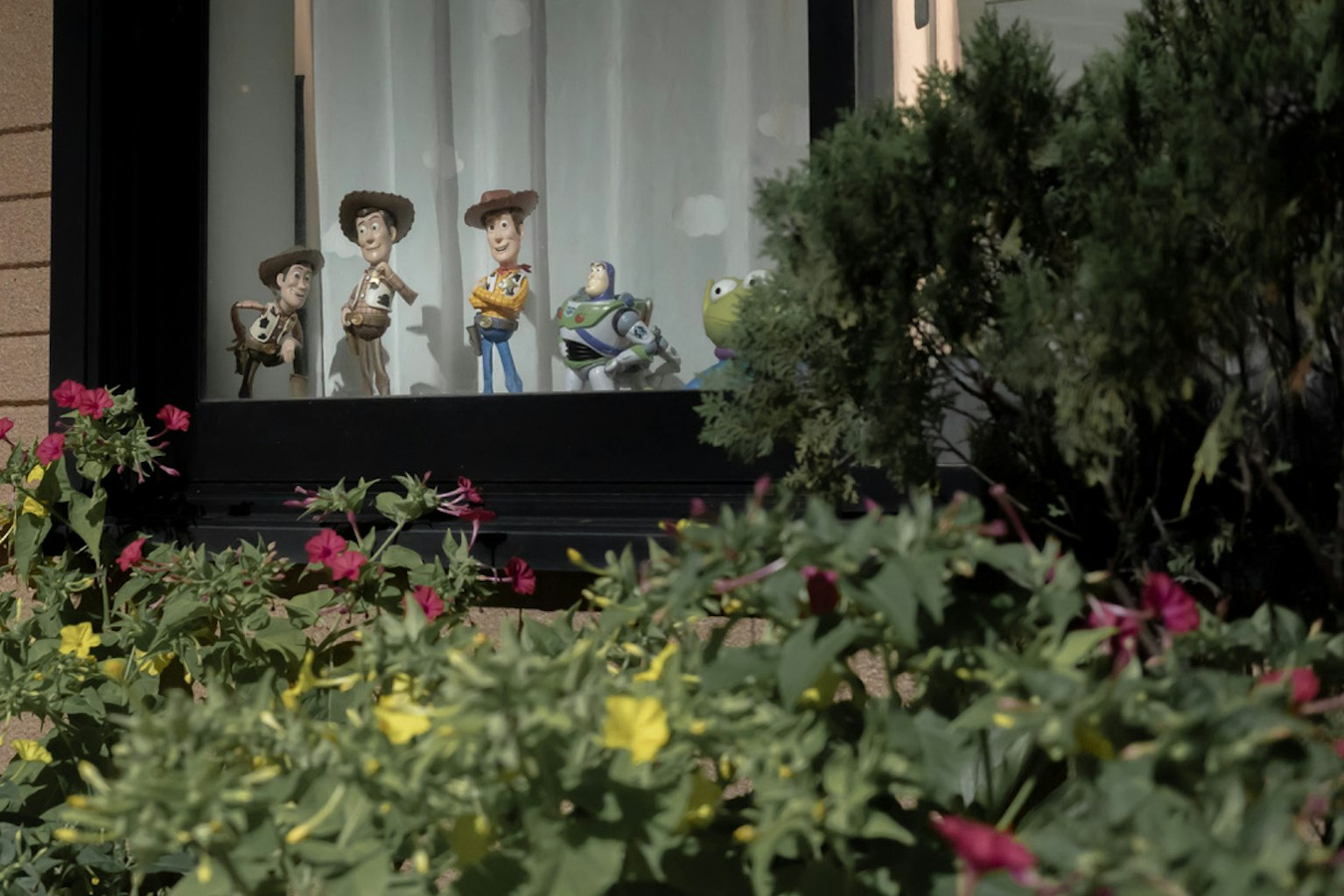 Personajes de Toy Story exhibidos en una ventana con flores vibrantes afuera