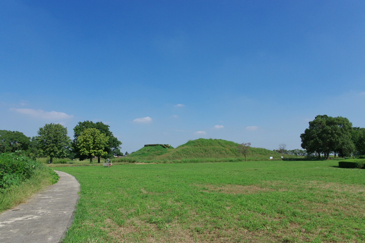 Lanskap dengan padang rumput hijau dan bukit kecil di bawah langit biru