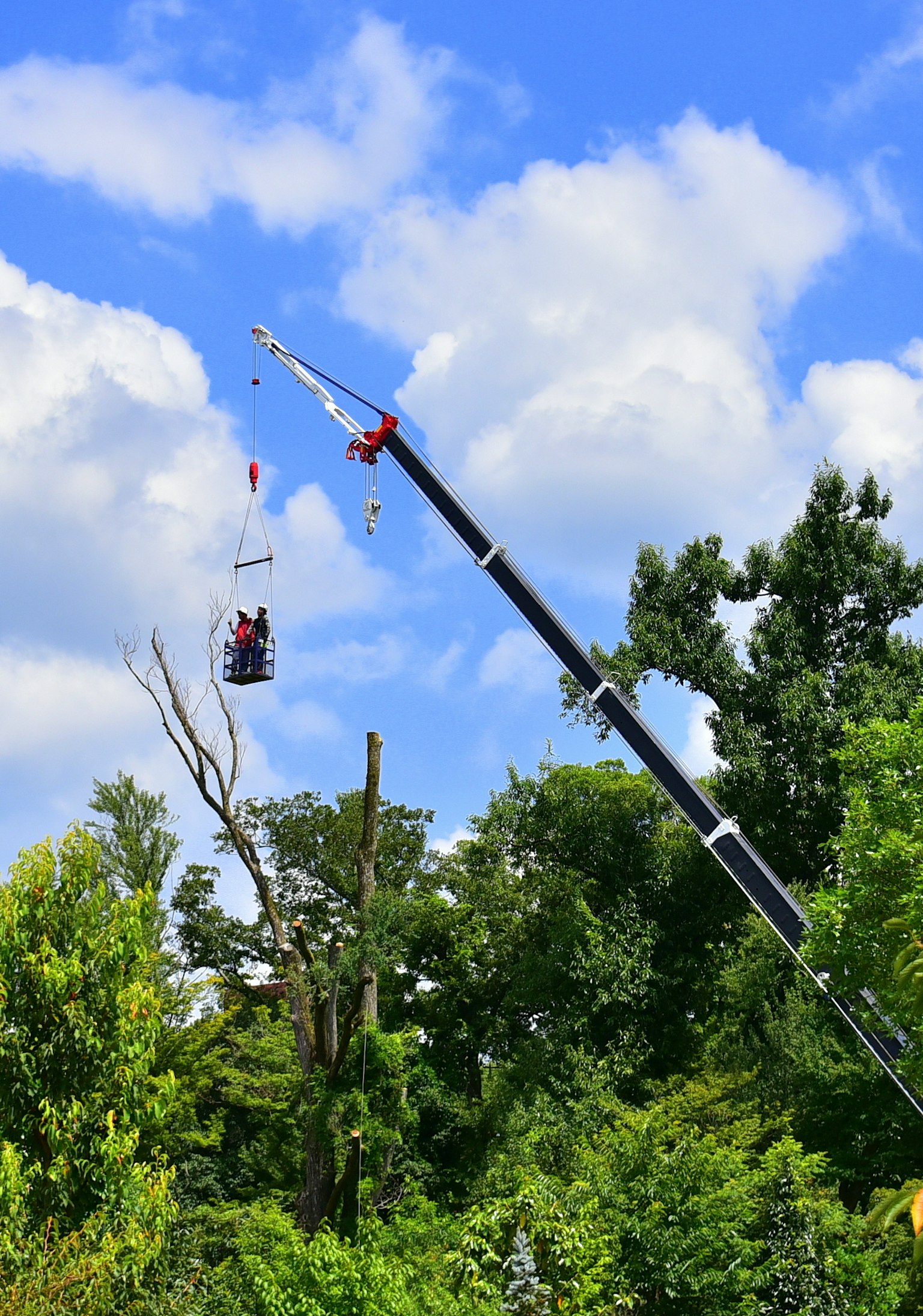 Travailleurs effectuant des tâches en hauteur avec une grue sous un ciel bleu