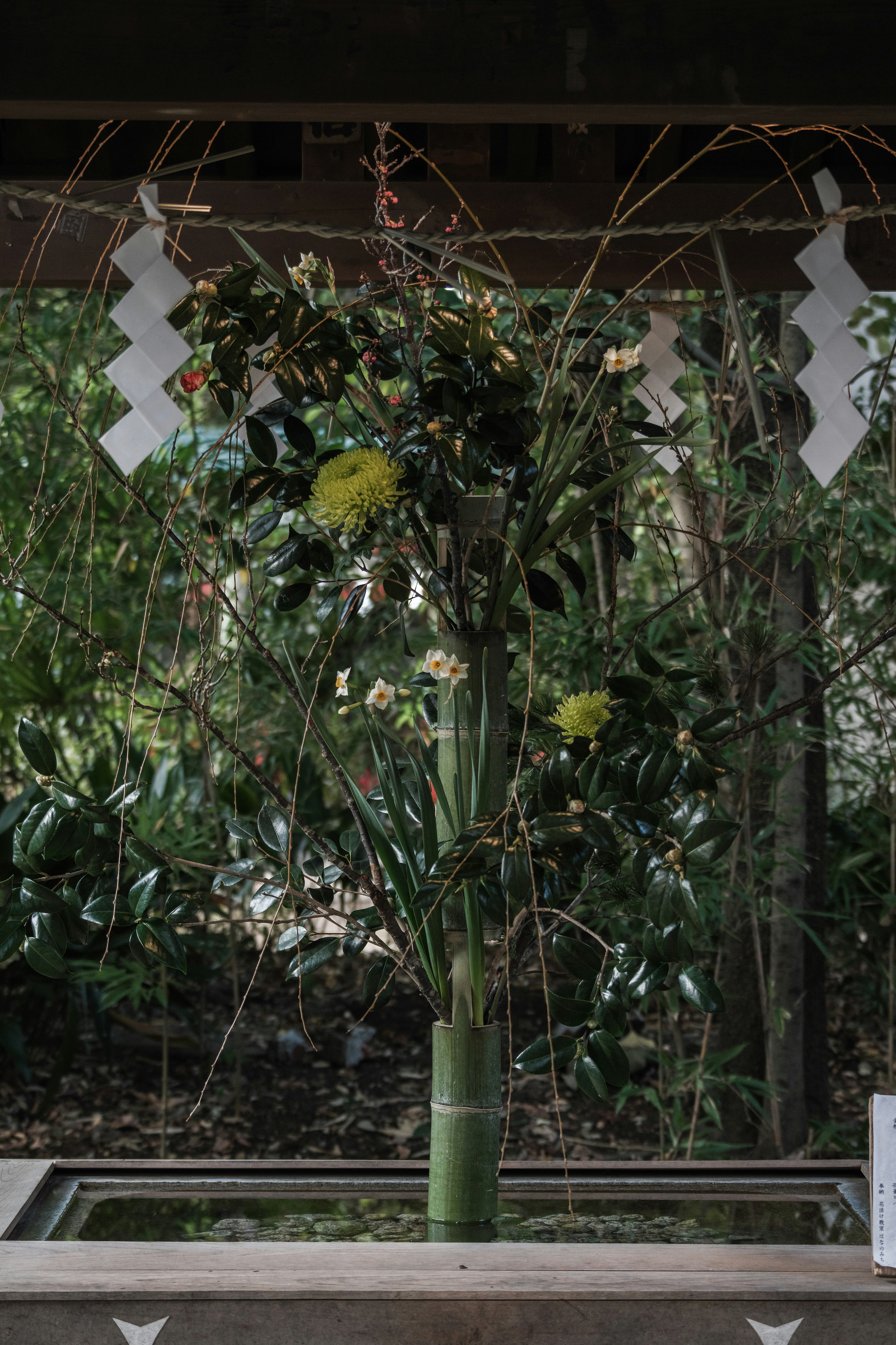 落ち着いた生け花のある室内の花器と花材