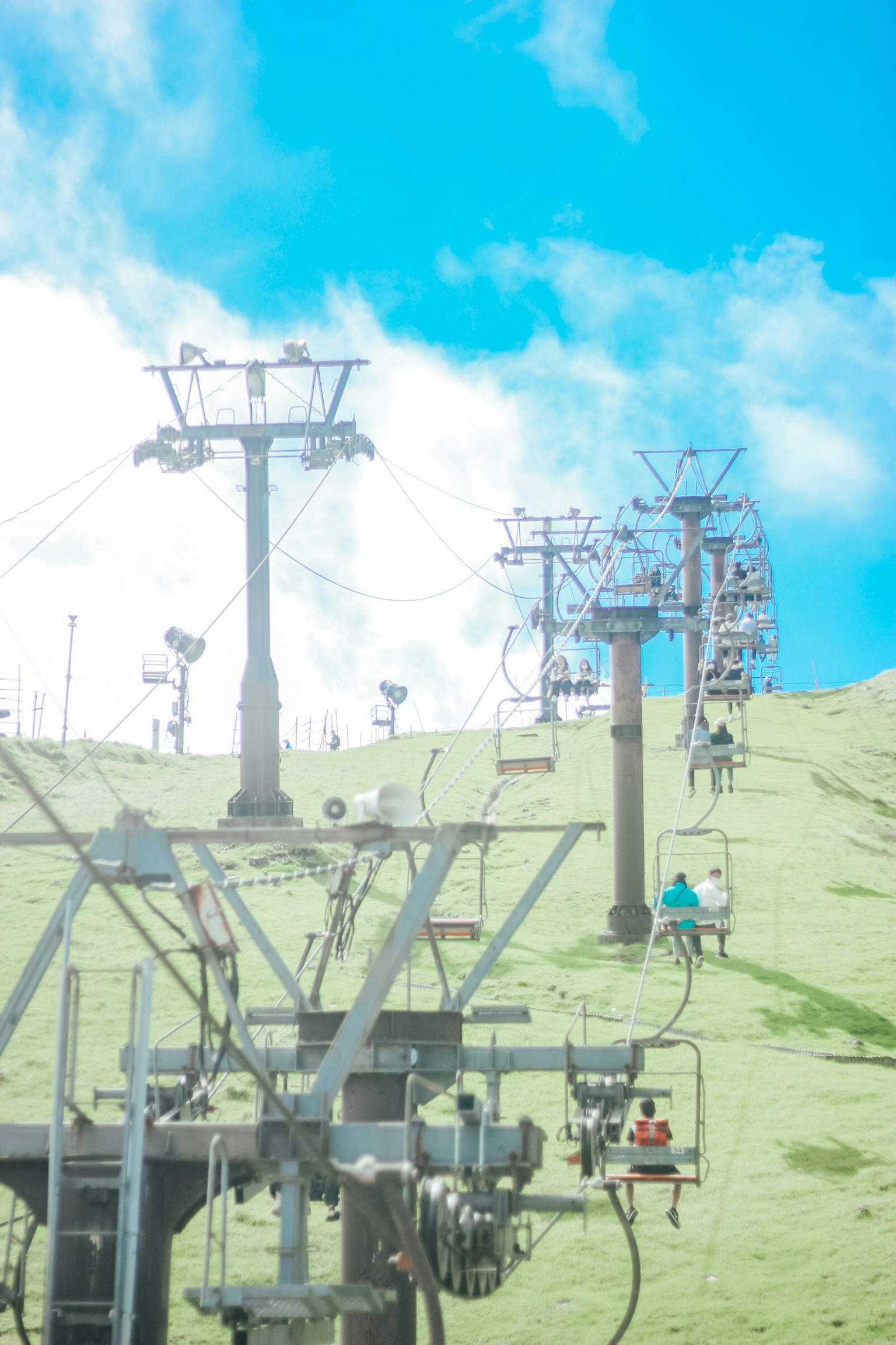 Teleférico subiendo por una pendiente verde bajo un cielo azul