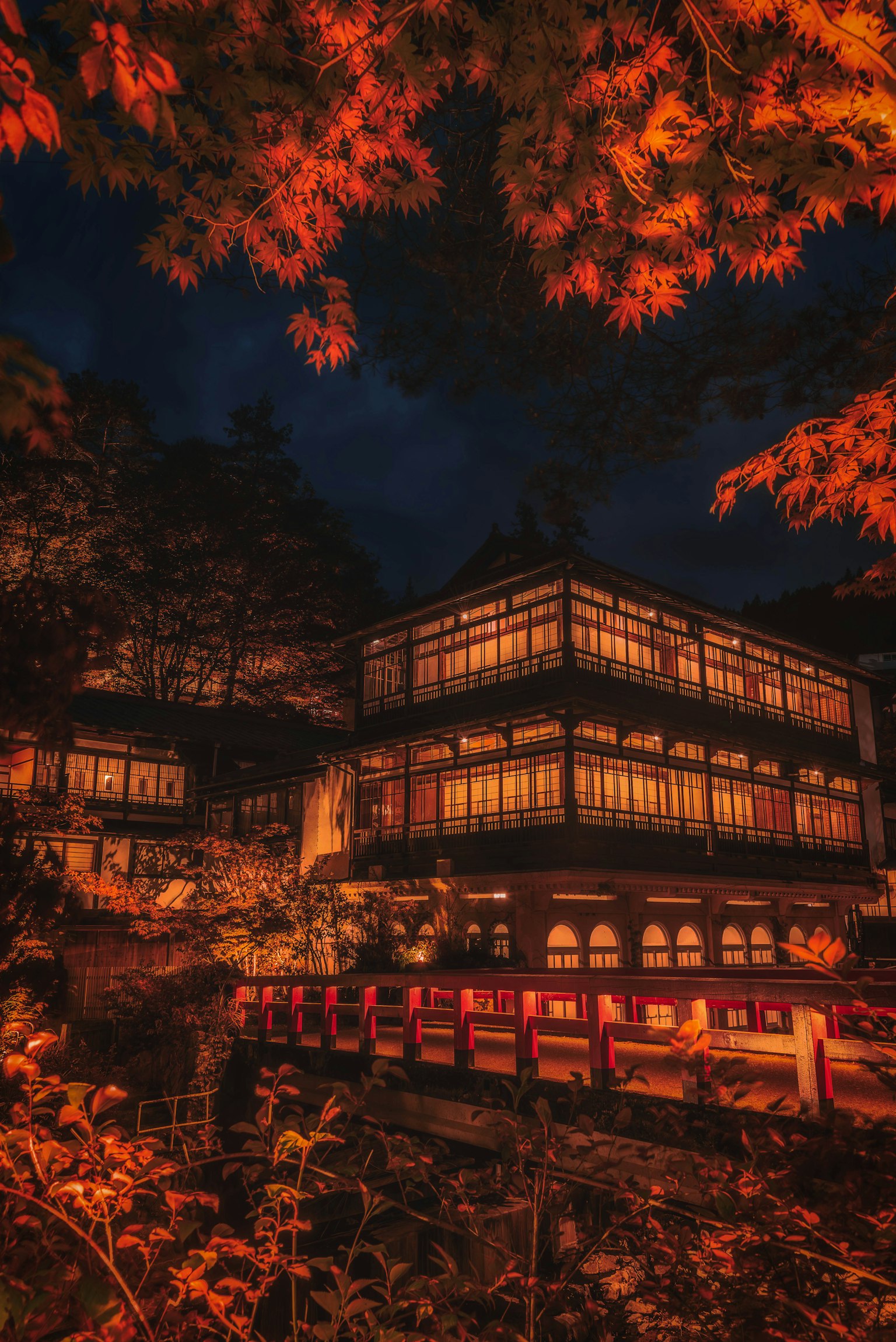 夜间照亮的传统日本建筑被秋季树叶环绕