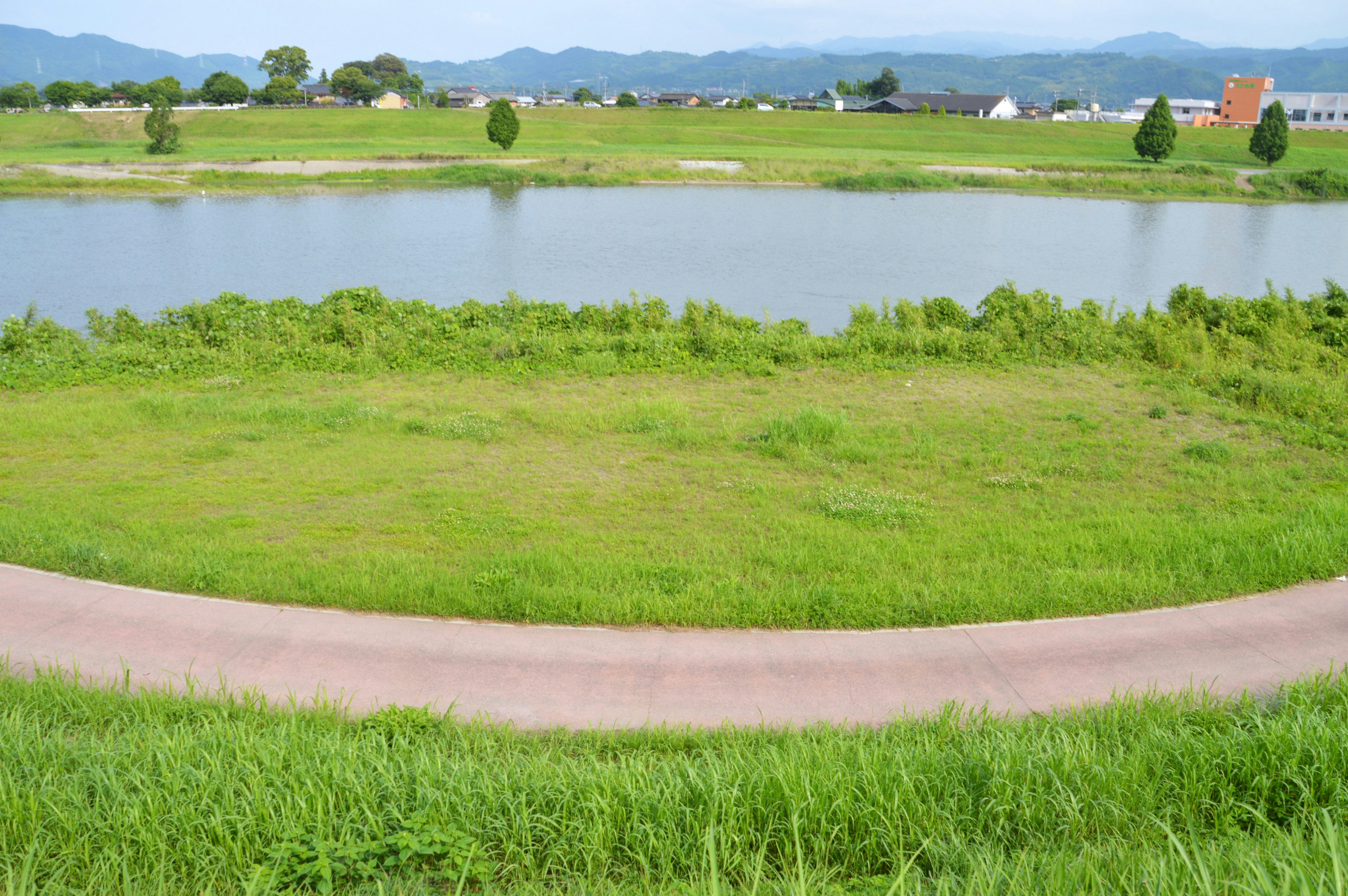 筑後川の河川敷と広がる緑の草地