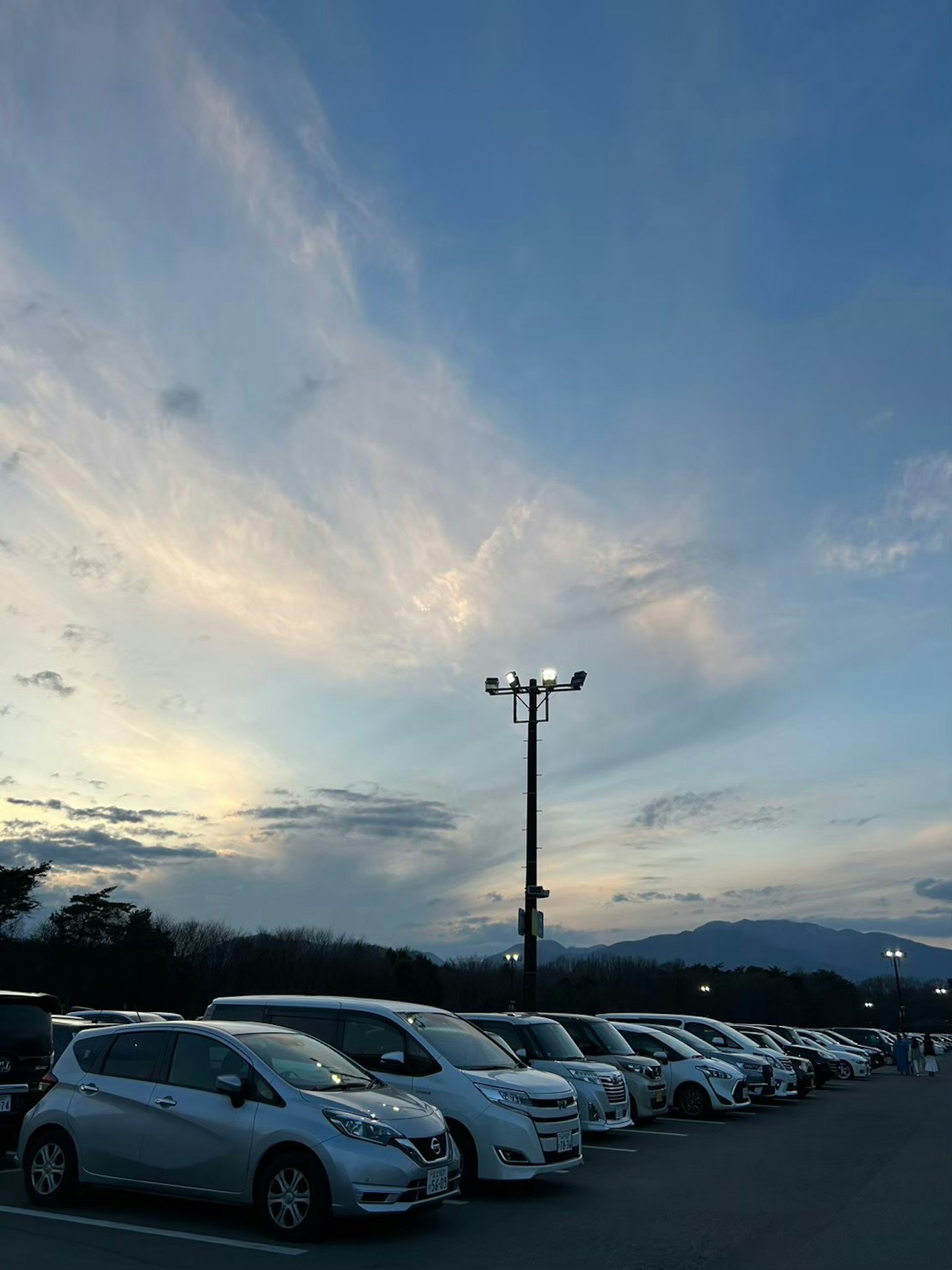 Parcheggio con auto bianche allineate sotto un cielo blu e nuvole bianche