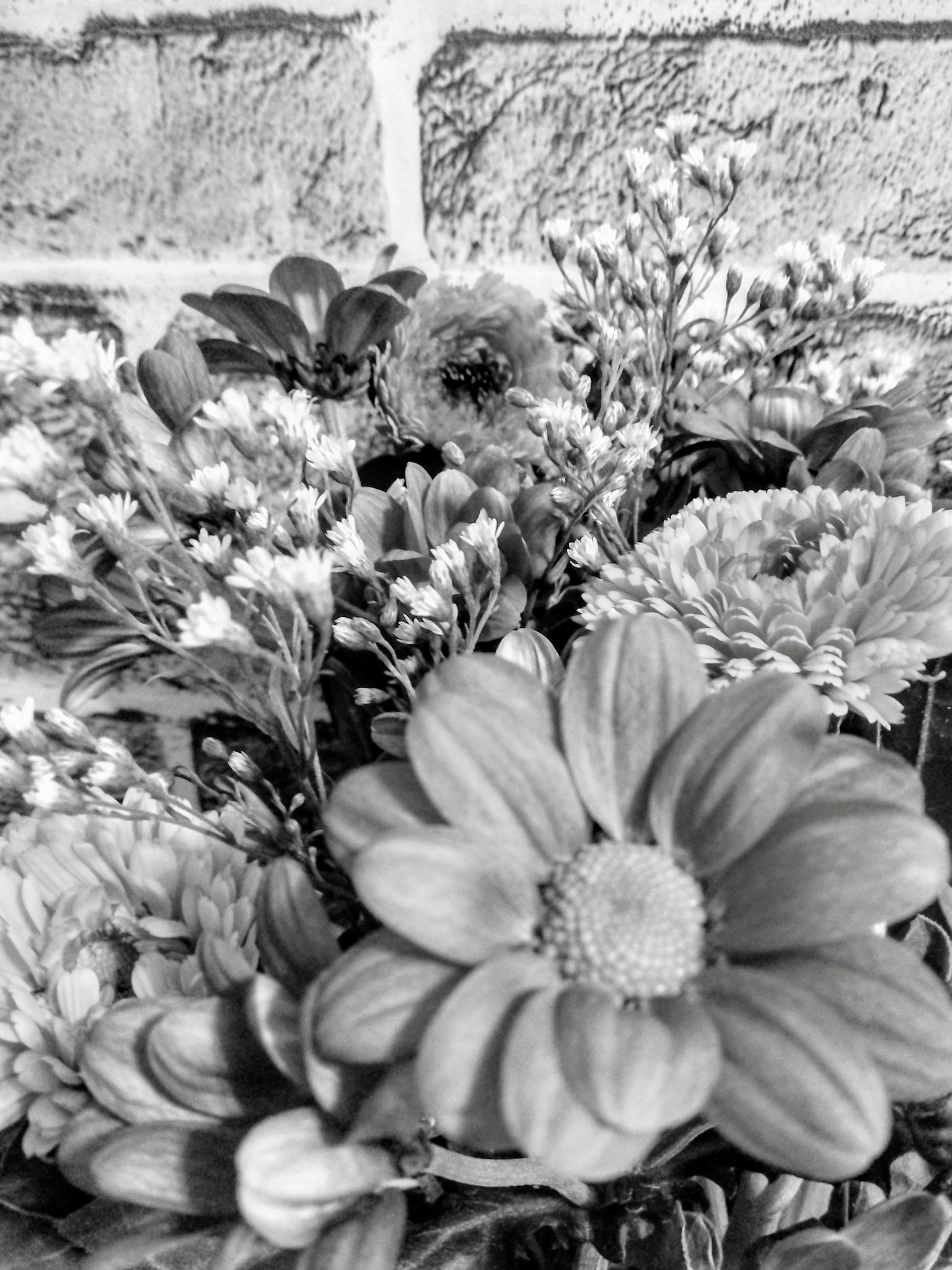 Ramo de flores en blanco y negro contra una pared de ladrillos