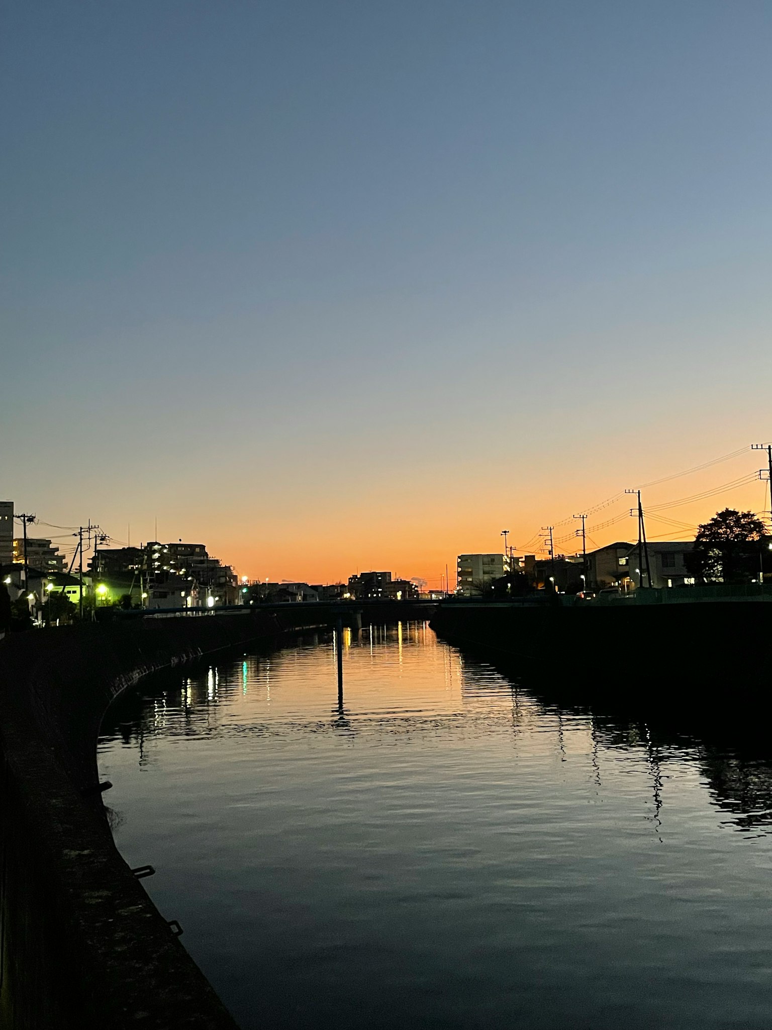 Serene river view at sunset with calm reflections